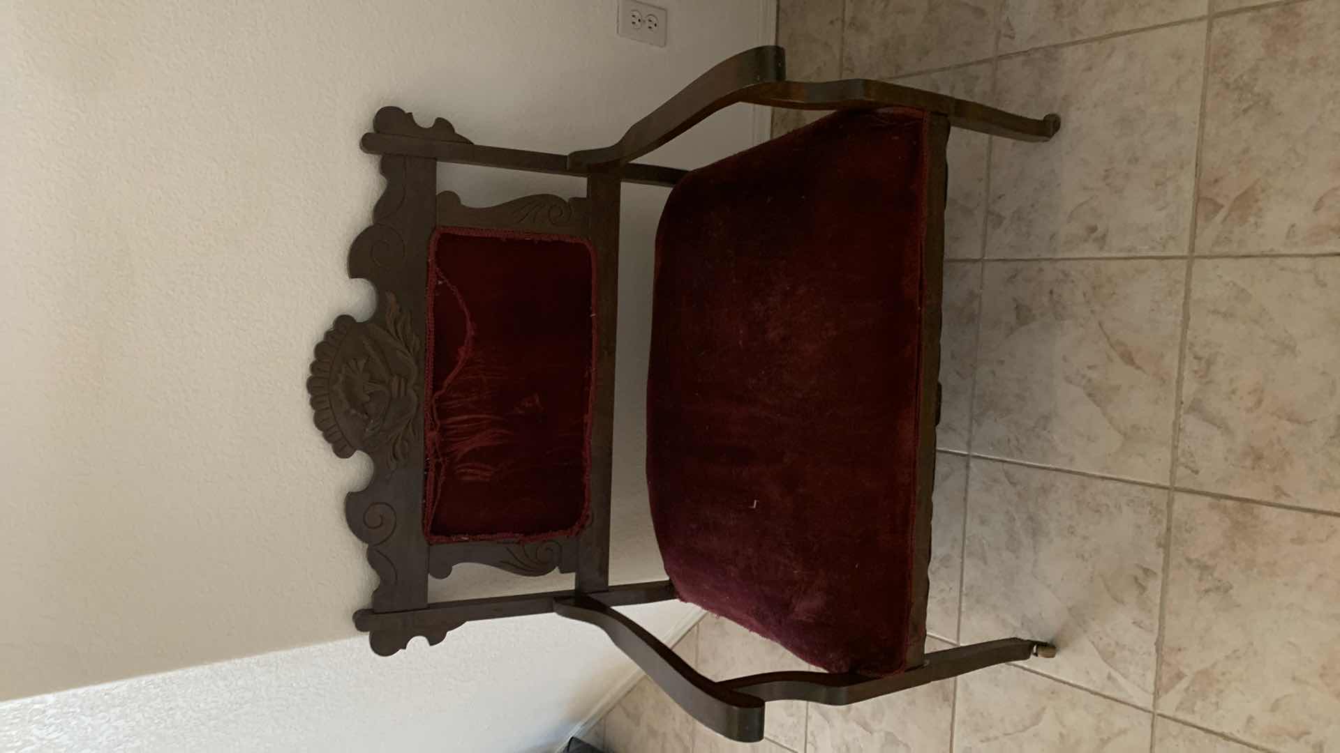 Photo 1 of ANTIQUE CARVED WOOD W BURGUNDY VELVET FABRIC LOVESEAT 34” x 22” x H38”