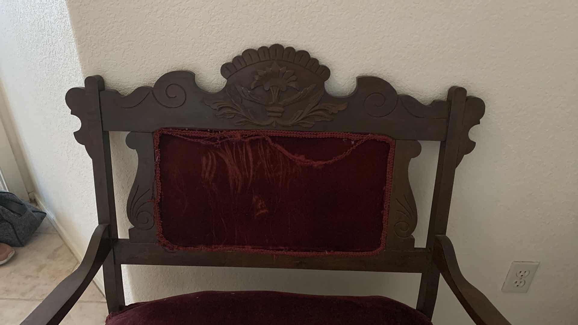 Photo 4 of ANTIQUE CARVED WOOD W BURGUNDY VELVET FABRIC LOVESEAT 34” x 22” x H38”