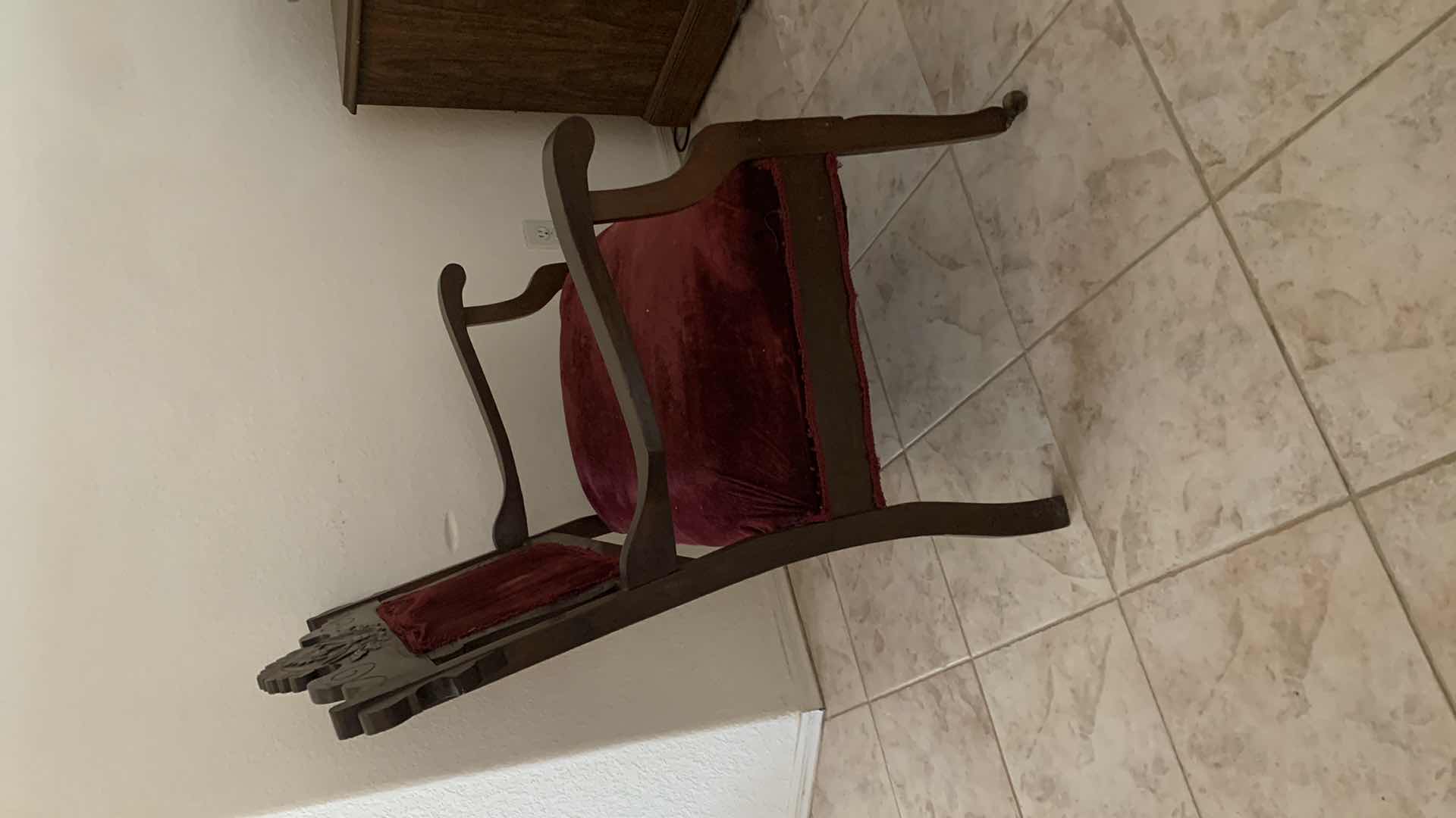 Photo 6 of ANTIQUE CARVED WOOD W BURGUNDY VELVET FABRIC LOVESEAT 34” x 22” x H38”