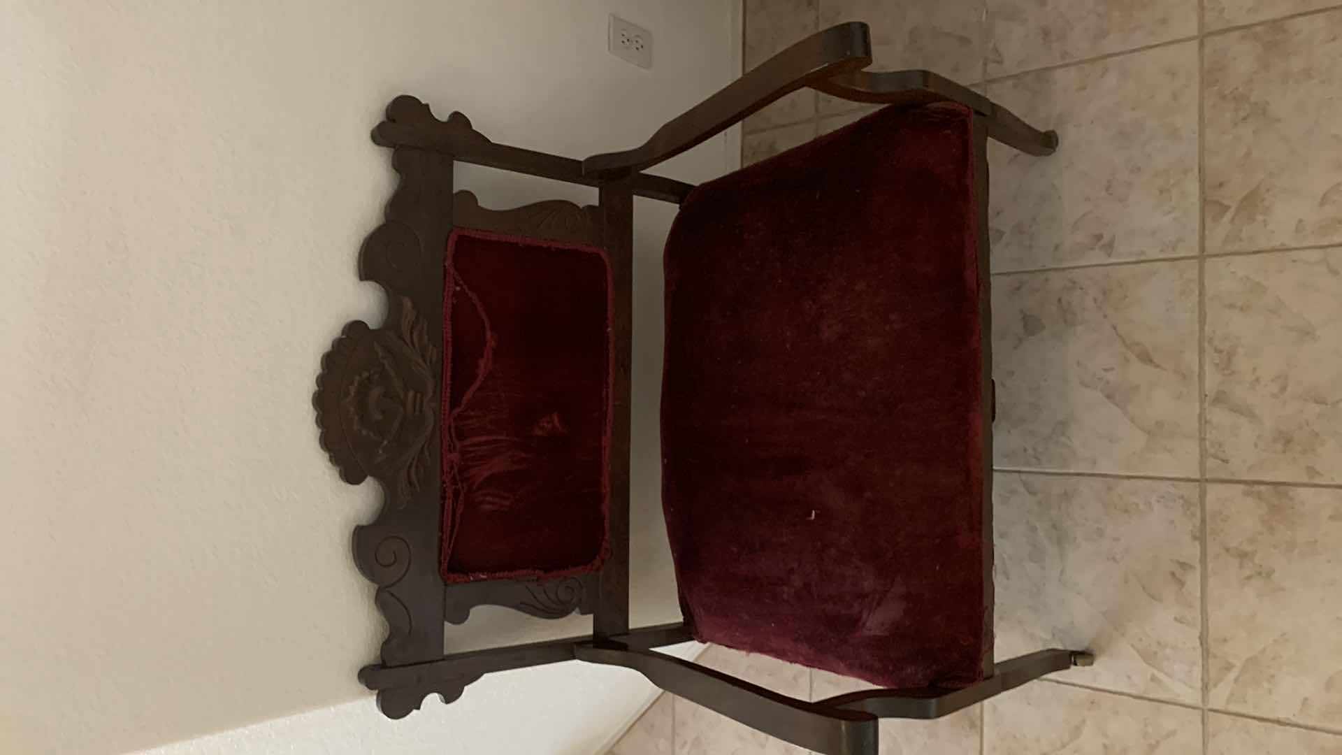 Photo 2 of ANTIQUE CARVED WOOD W BURGUNDY VELVET FABRIC LOVESEAT 34” x 22” x H38”