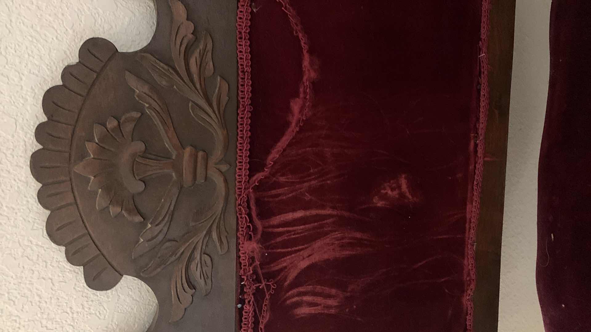 Photo 3 of ANTIQUE CARVED WOOD W BURGUNDY VELVET FABRIC LOVESEAT 34” x 22” x H38”