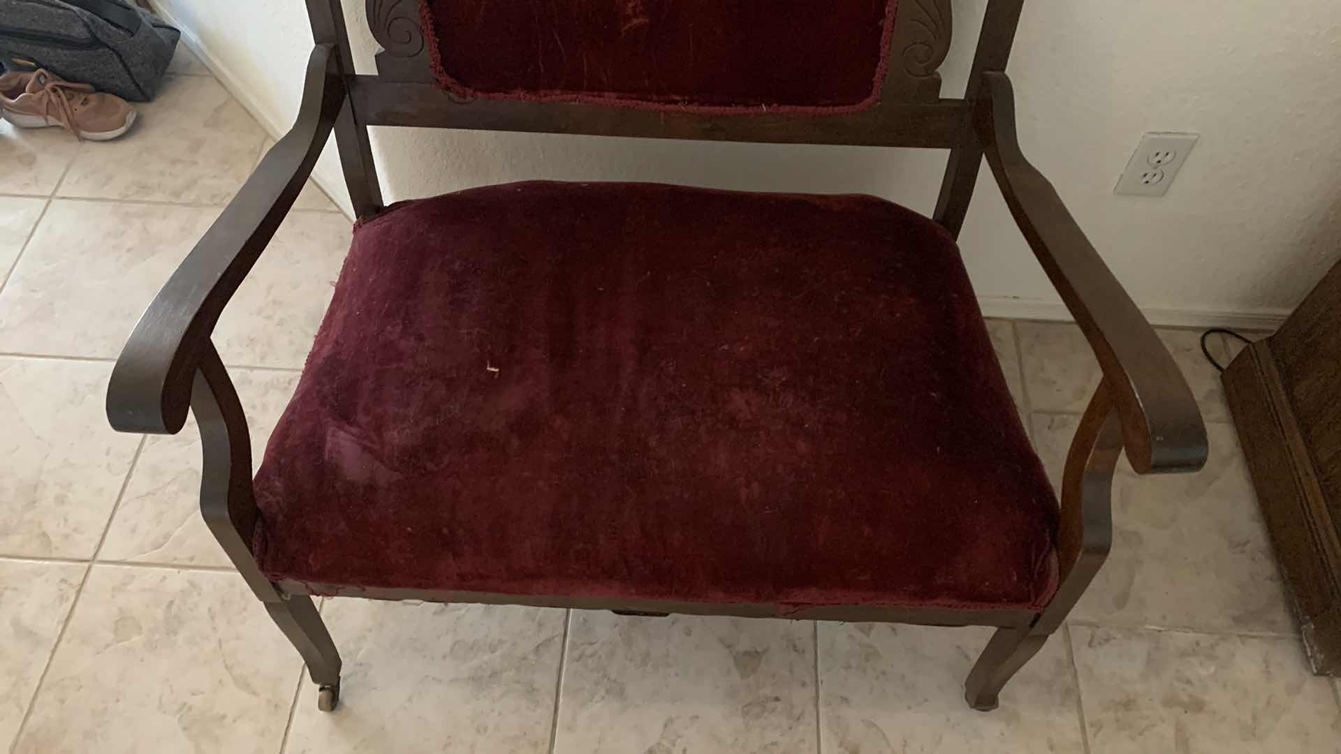 Photo 5 of ANTIQUE CARVED WOOD W BURGUNDY VELVET FABRIC LOVESEAT 34” x 22” x H38”