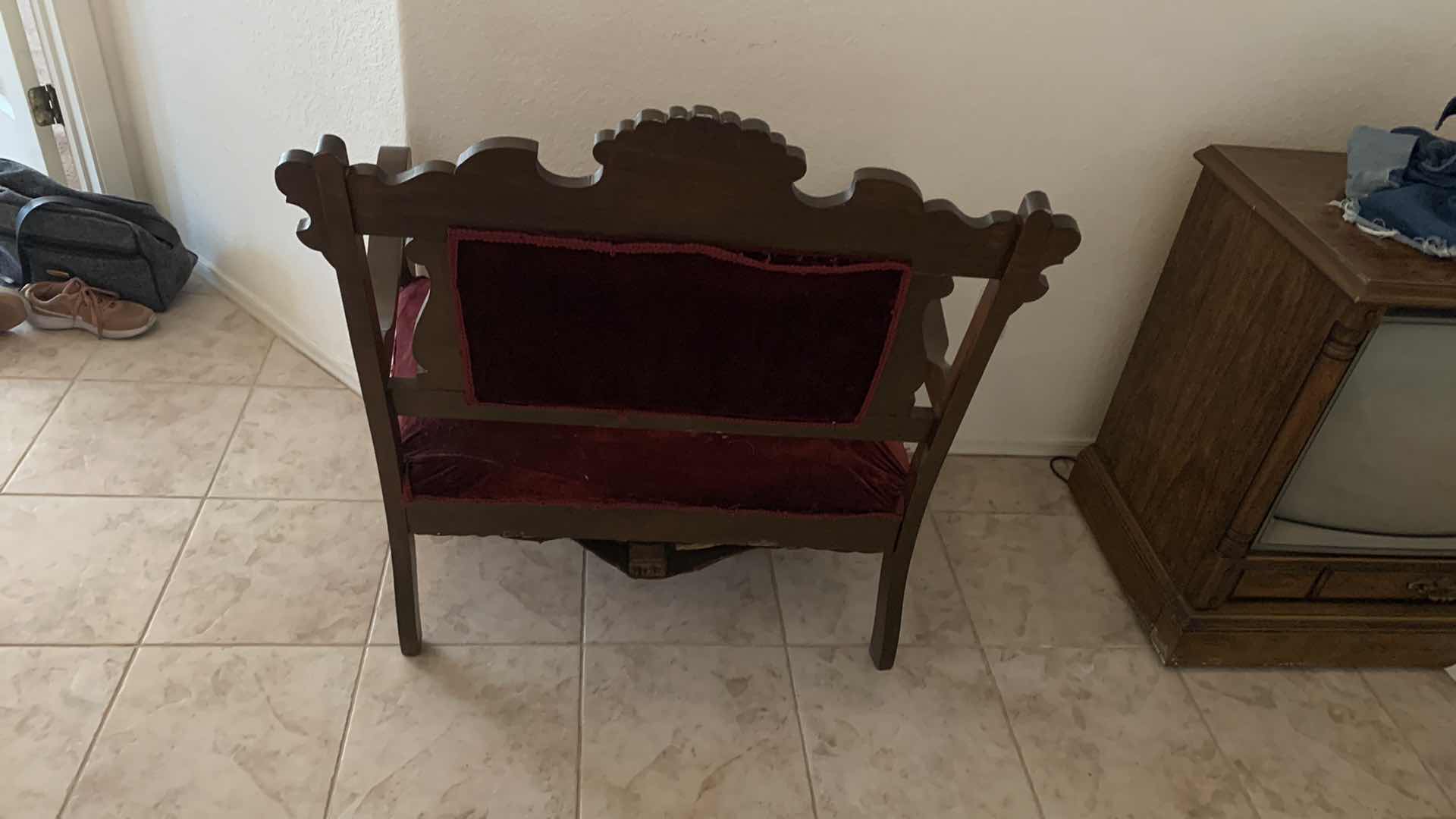 Photo 7 of ANTIQUE CARVED WOOD W BURGUNDY VELVET FABRIC LOVESEAT 34” x 22” x H38”