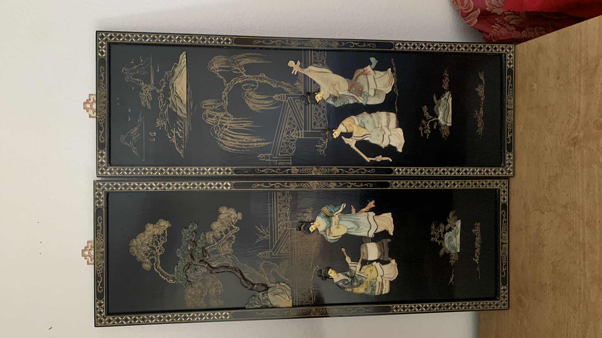 Photo 1 of ARTWORK 2 ASIAN PANELS, WOOD AND LACQUER/ENAMEL. 12” x 36”