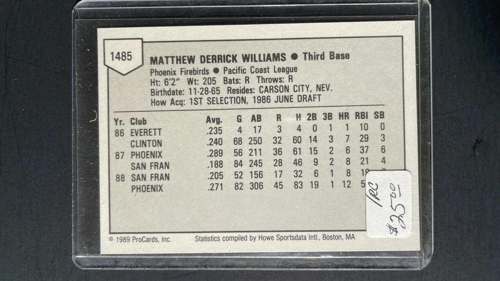 Photo 1 of 1989 PROCARDS MATT WILLIAMS MINOR LEAGUE ROOKIE CARD