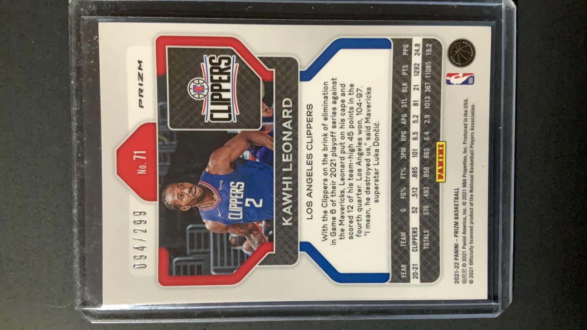 Photo 1 of 2021 PANINI KAWHI LEONARD 094/299