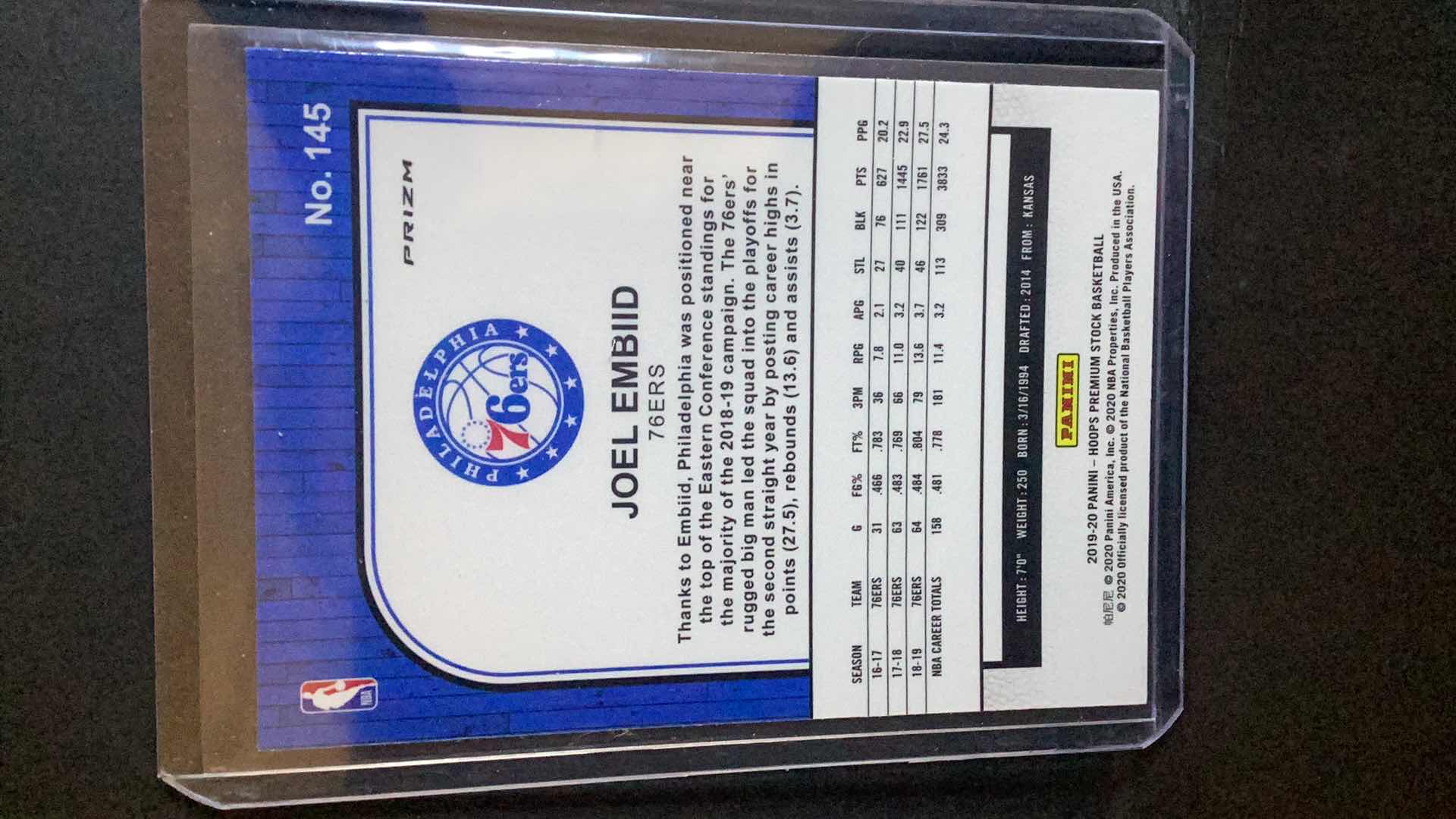 Photo 1 of 2019 PREMIUM STOCK JOEL EMBIID HOOPS SILVER PRIZM #145