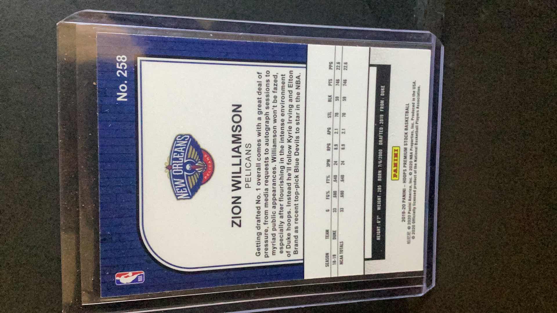 Photo 2 of 2019 ZION WILLIAMSON ROOKIE PREMIUM STOCK #258