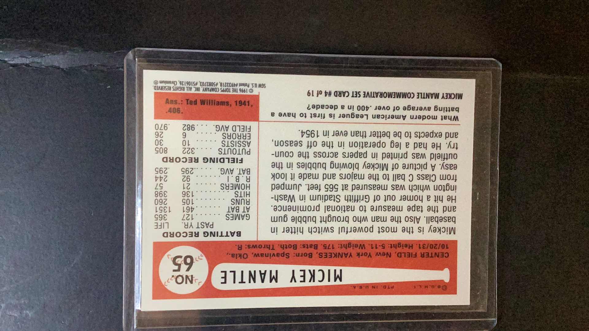 Photo 1 of 1996 MICKEY MANTLE COMMEMORATIVE SET CARD #65