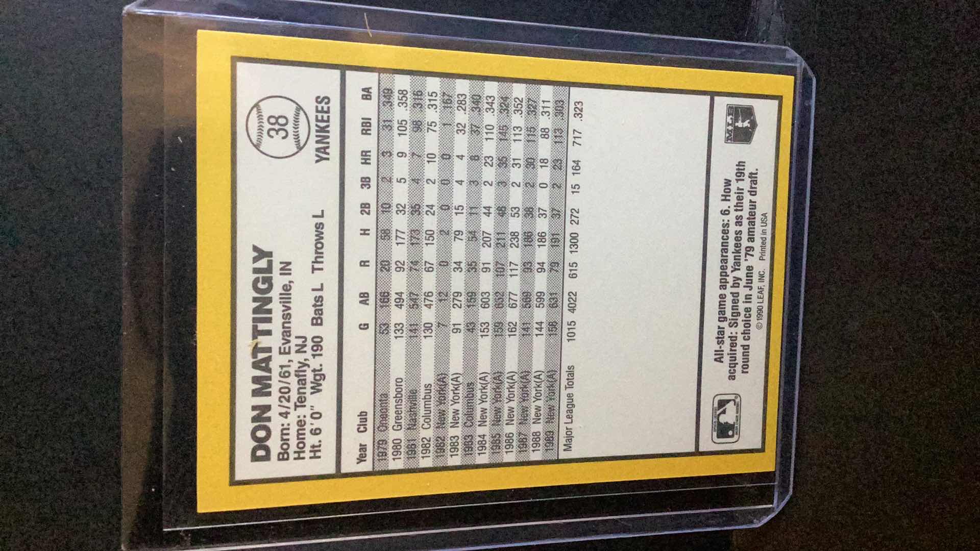 Photo 1 of 1990 DON MATTINGLY DONRUSS LEAF #38