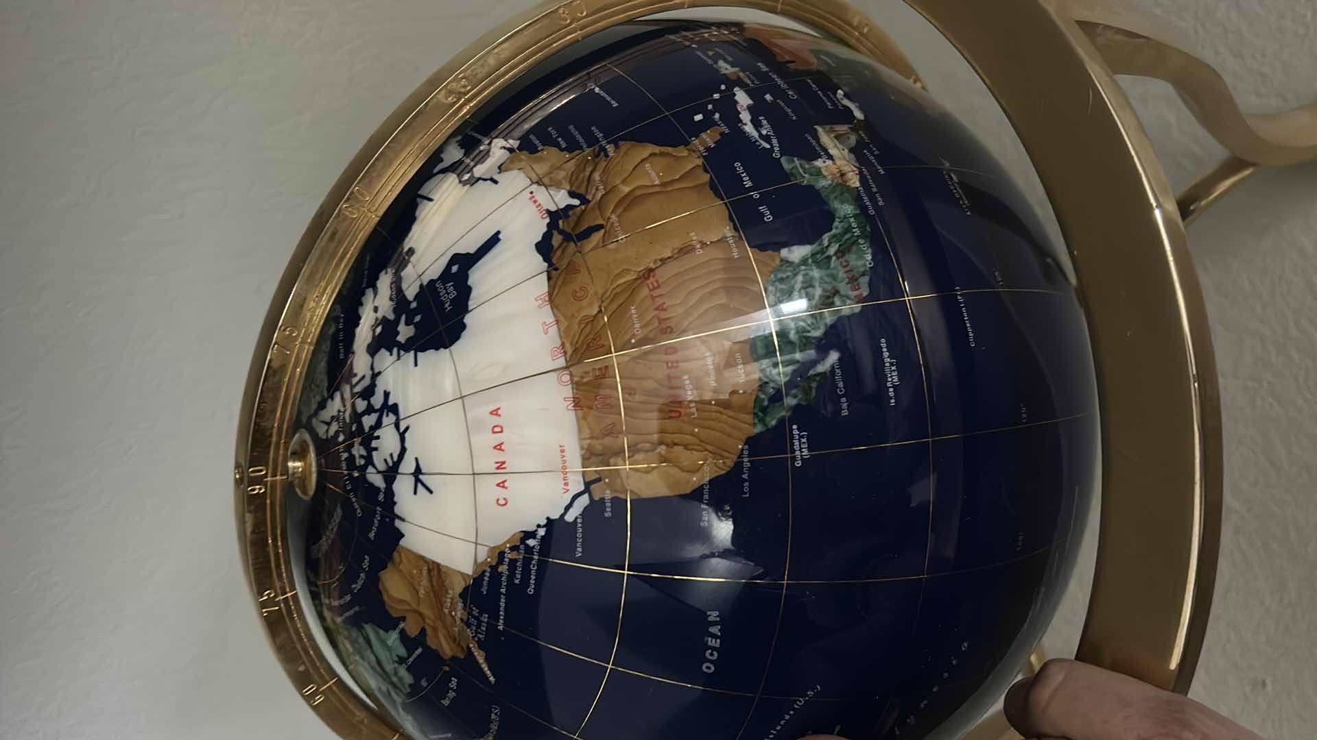 Photo 1 of SEMI PRECIOUS INLAID GLOBES ON BRASS STAND 18” x 20”