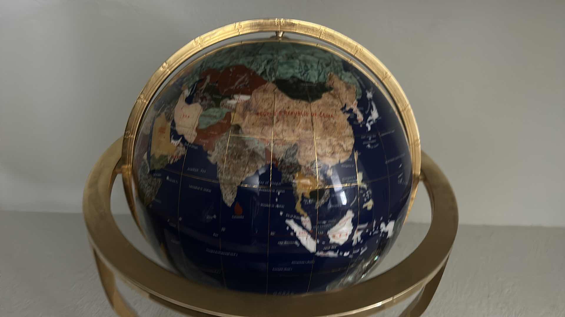 Photo 1 of SEMI PRECIOUS INLAID GLOBES ON BRASS STAND 18” x 20”