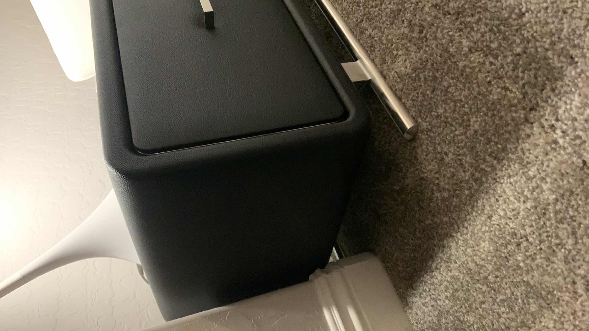 Photo 1 of BLACK FAUX LEATHER AND CHROME LOW NIGHTSTAND, 22.5” x 16”x H13.5”