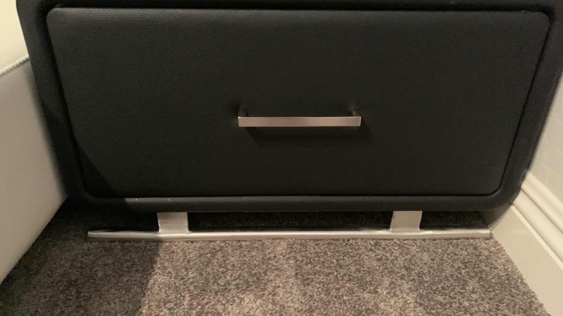 Photo 3 of BLACK FAUX LEATHER AND CHROME LOW NIGHTSTAND, 22.5” x 16”x H13.5”