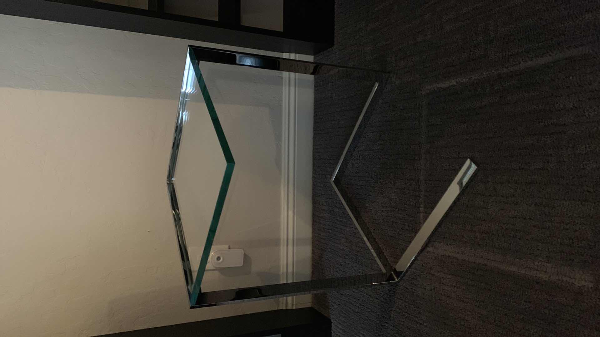 Photo 1 of DESIGNER HEAVY TEMPERED GLASS AND CHROME SIDE TABLE 16” x 16” H21.5”