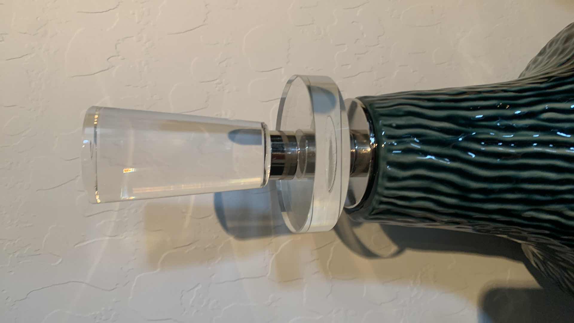 Photo 1 of 2- UTTERMOST ALMERA CERAMIC BOTTLES W DARK TEAL GLAZE POLISH NICKEL W THICK CRYSTAL DETAILS H15.5” & 13.5”