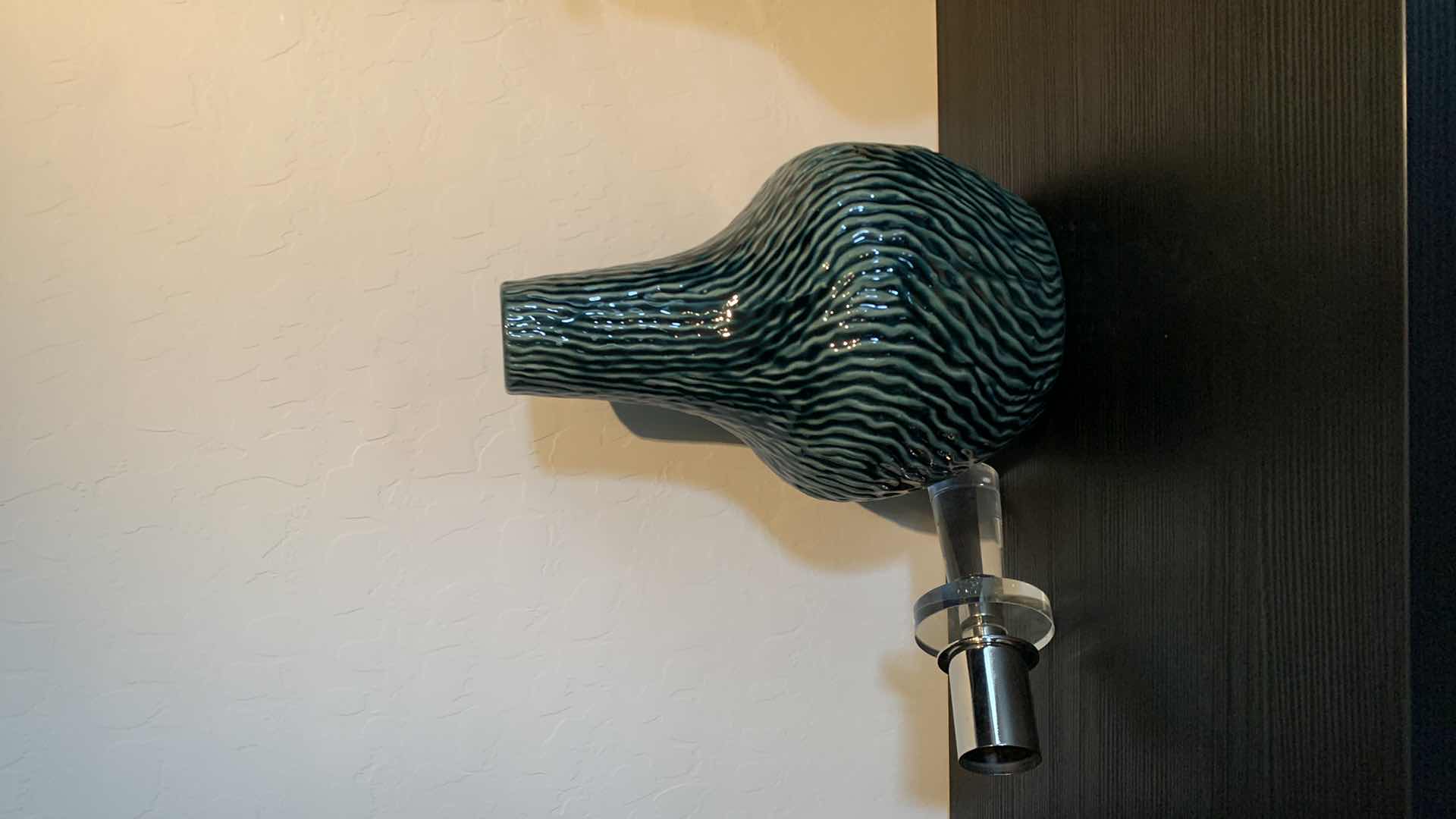 Photo 1 of 2- UTTERMOST ALMERA CERAMIC BOTTLES W DARK TEAL GLAZE POLISH NICKEL W THICK CRYSTAL DETAILS H15.5” & 13.5”