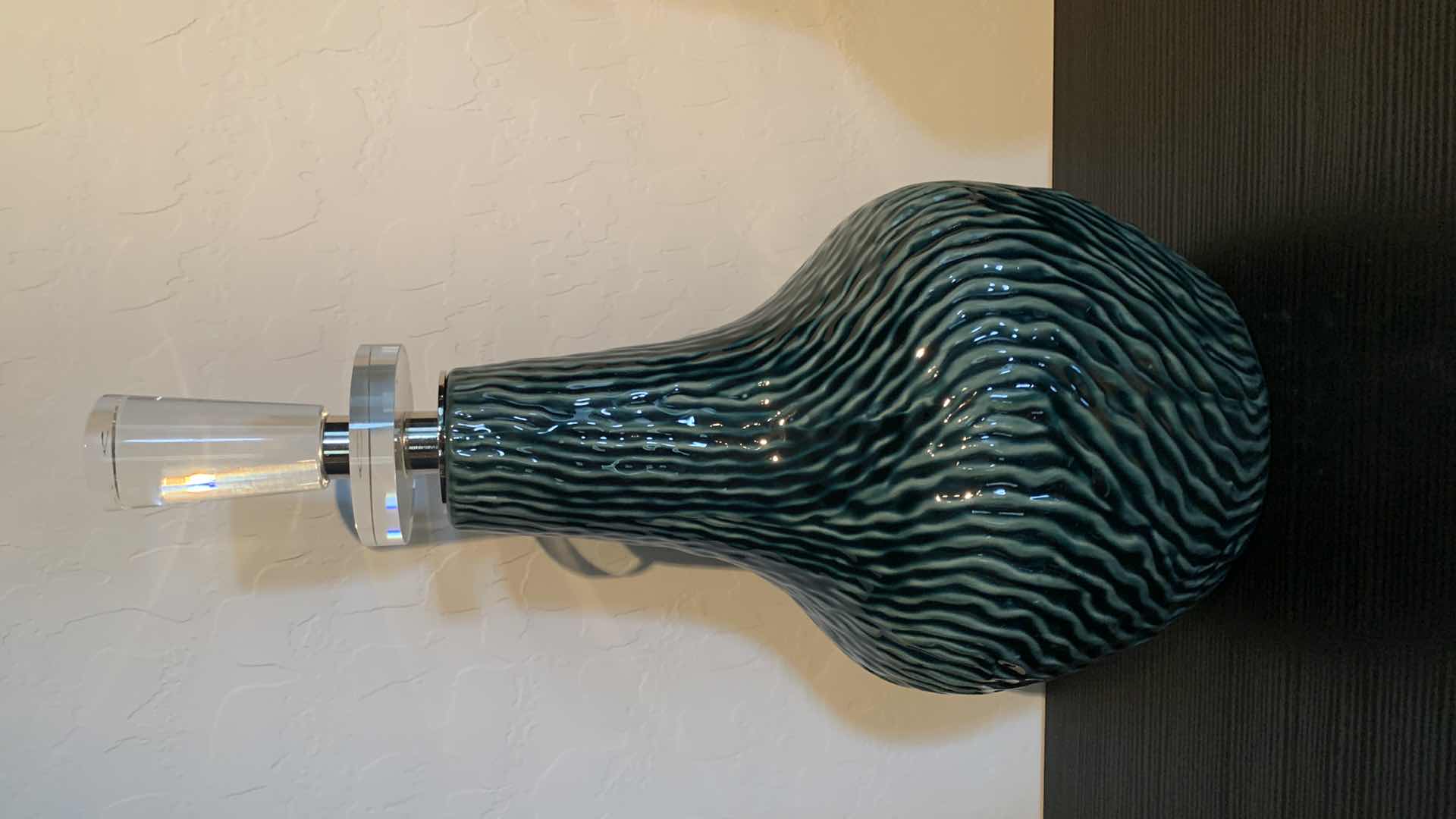 Photo 1 of 2- UTTERMOST ALMERA CERAMIC BOTTLES W DARK TEAL GLAZE POLISH NICKEL W THICK CRYSTAL DETAILS H15.5” & 13.5”