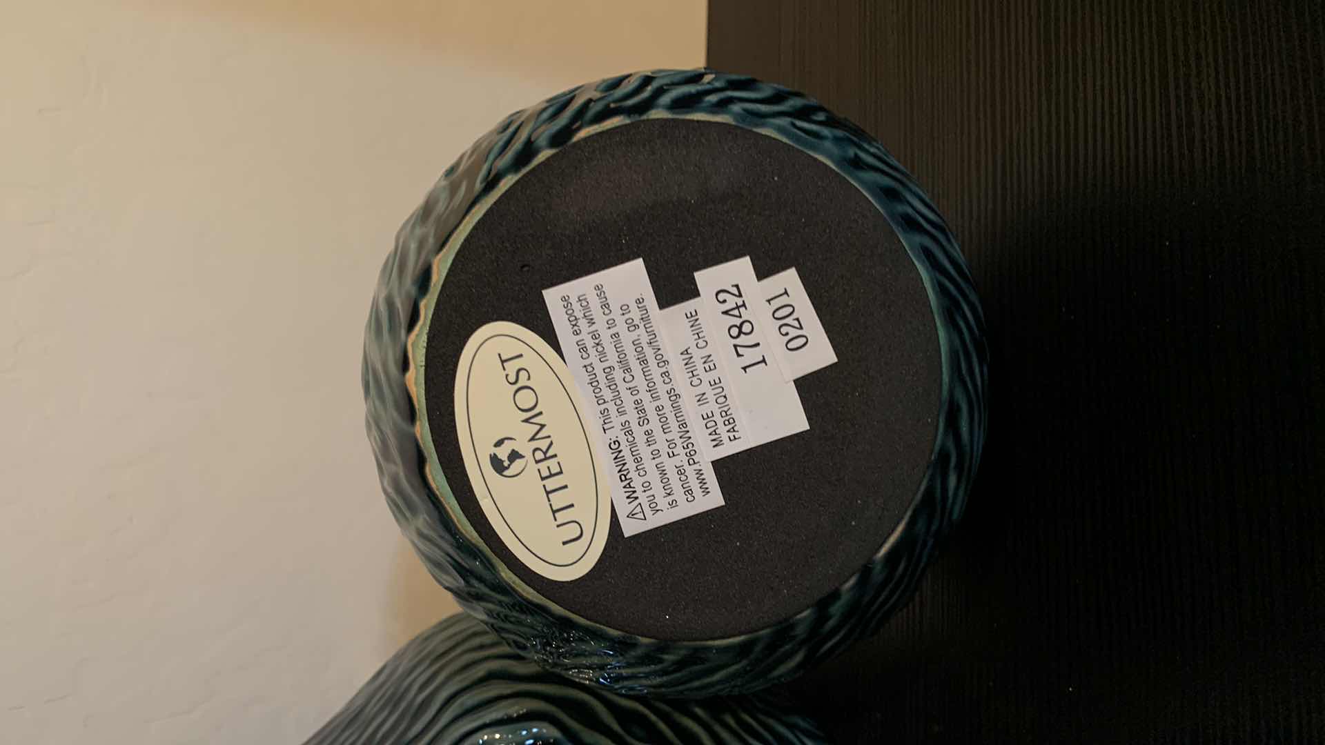 Photo 1 of 2- UTTERMOST ALMERA CERAMIC BOTTLES W DARK TEAL GLAZE POLISH NICKEL W THICK CRYSTAL DETAILS H15.5” & 13.5”