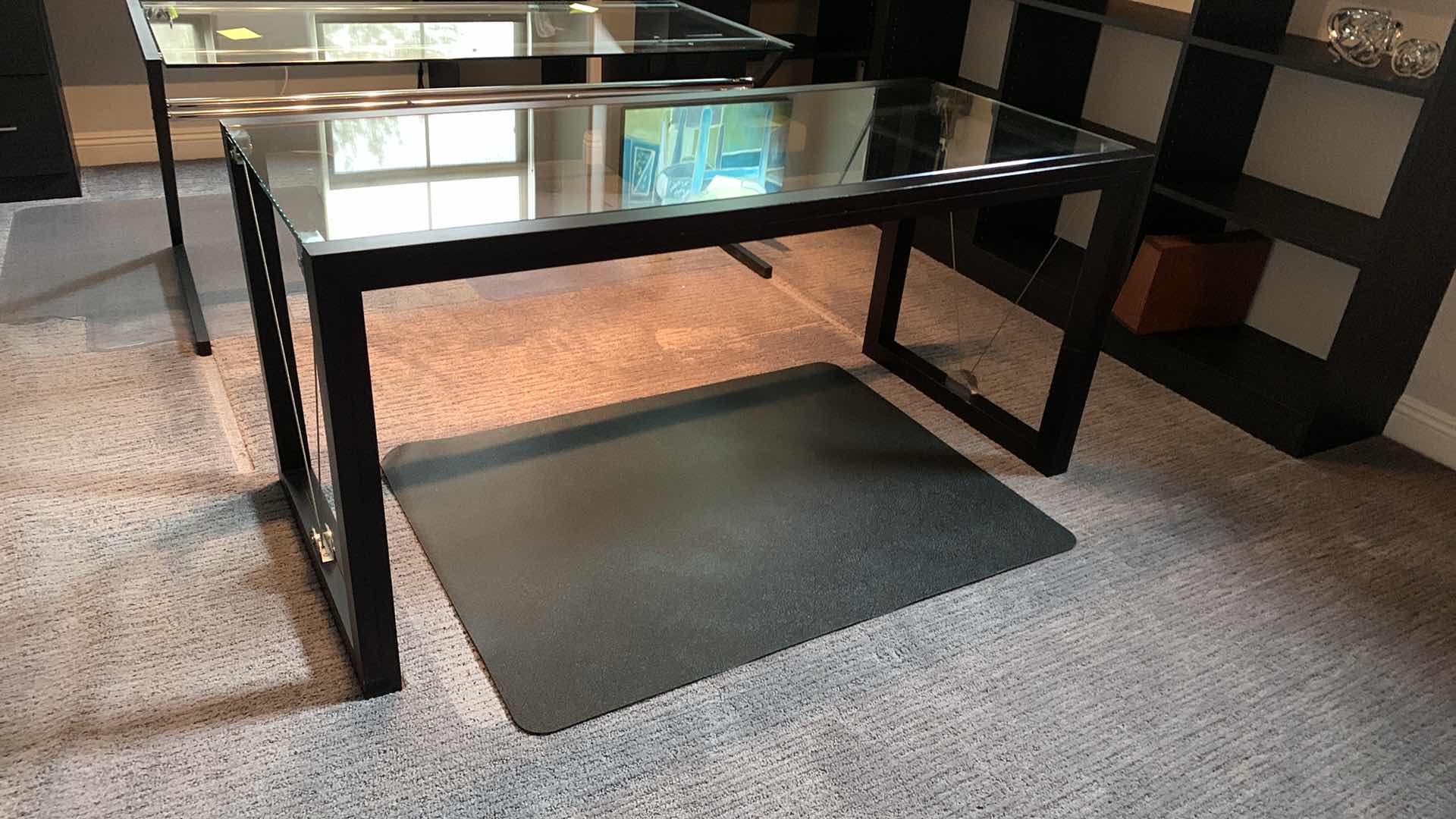 Photo 1 of DESIGNER BLACK MODERN TEMPERED GLASS W POLISHED CHROME DESK 63” x 28” (INCLUDES FLOOR PAD)