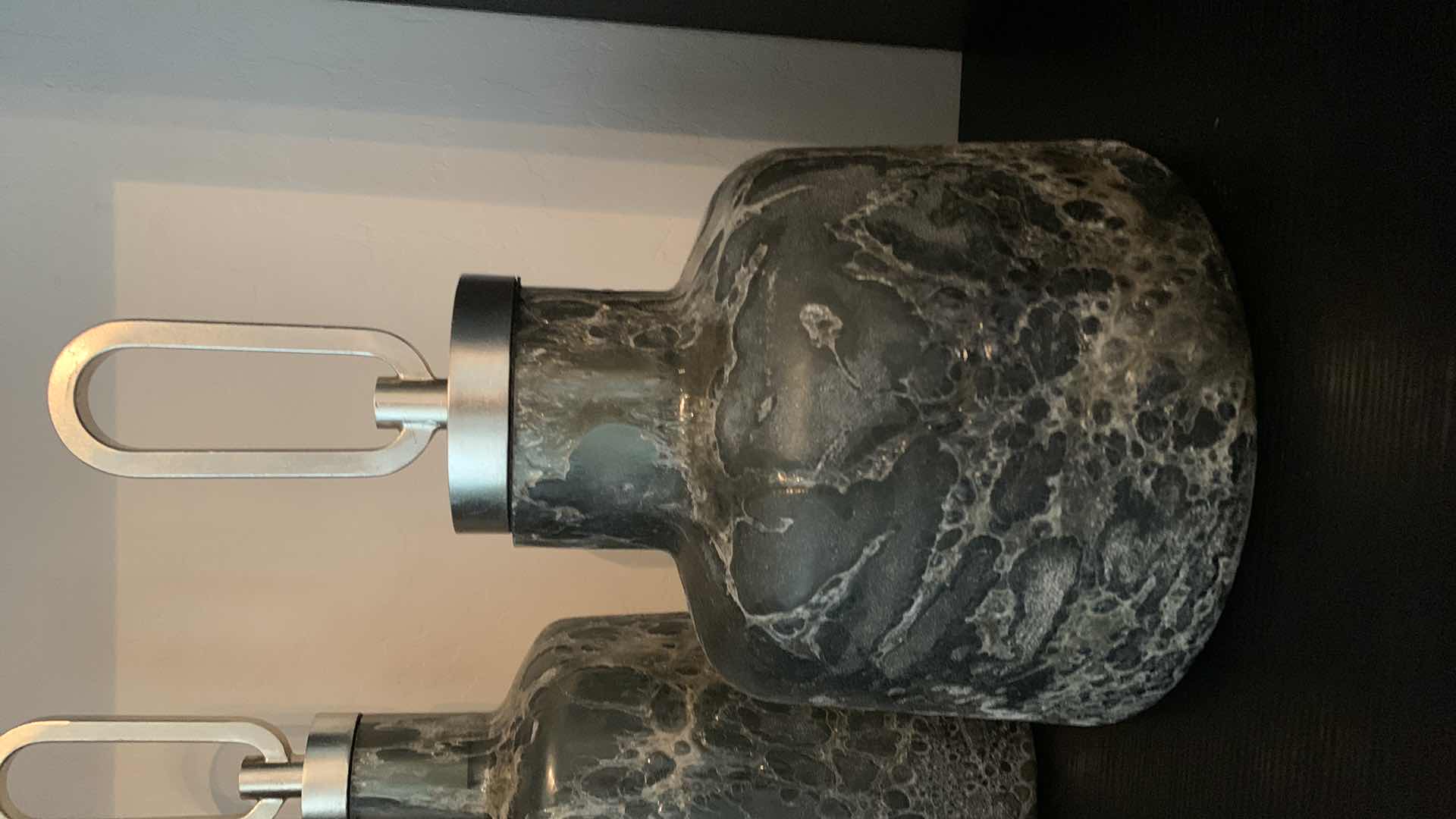 Photo 1 of 2-UTTERMOST STORM ART GLASS BOTTLES W NEUTRAL SHADES & SILVER LEAF FINISH IRON TOP N H18” H16”