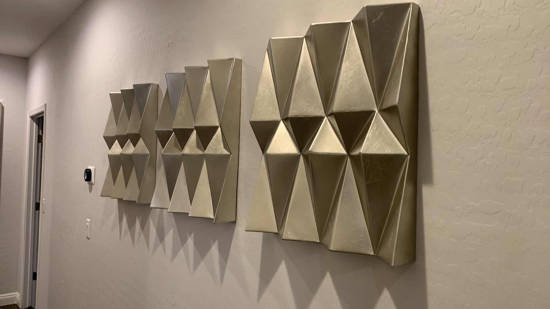 Photo 1 of 3 PC-CONTEMPORY GEOMETRIC ORIGAMI SILVER METAL WALL ART (EACH PIECE MEASURES 19.5” x 22”)