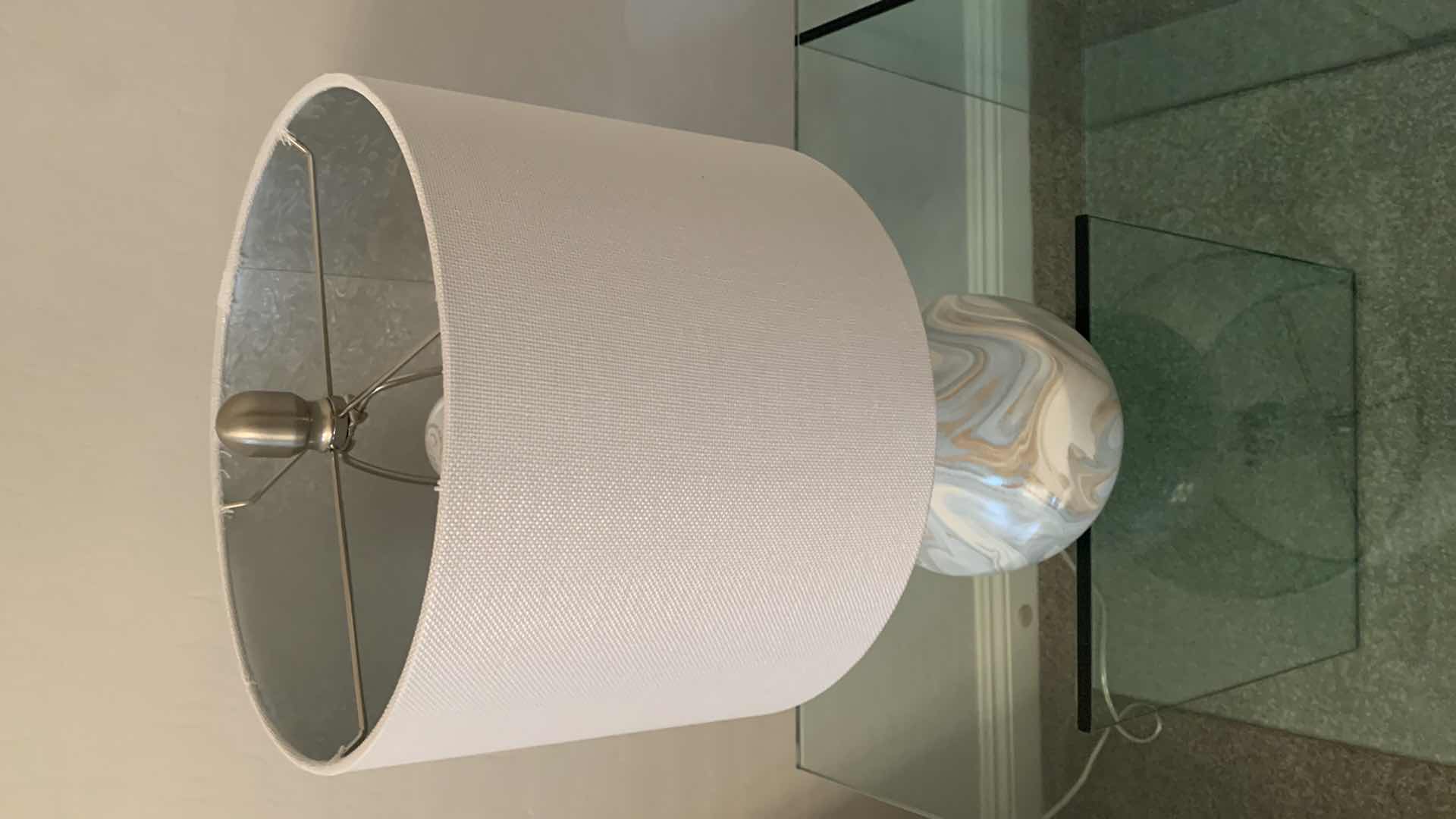 Photo 1 of DESIGNER CERAMIC BLUE MARBLED TABLE LAMP W WHITE SHADE H23”