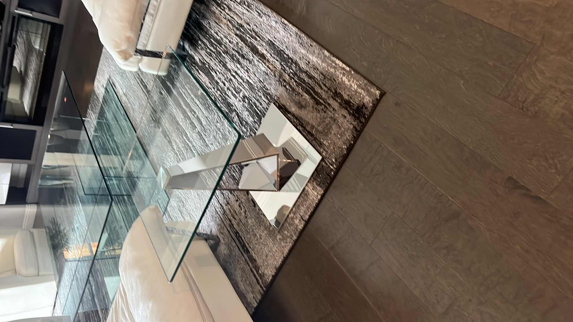 Photo 1 of CONTEMPORY SIERRA END TABLE W 1/2" TEMPERED GLASS AND POLISHED STAINLESS-STEEL BASE (23.5" X D 23.5" H20")