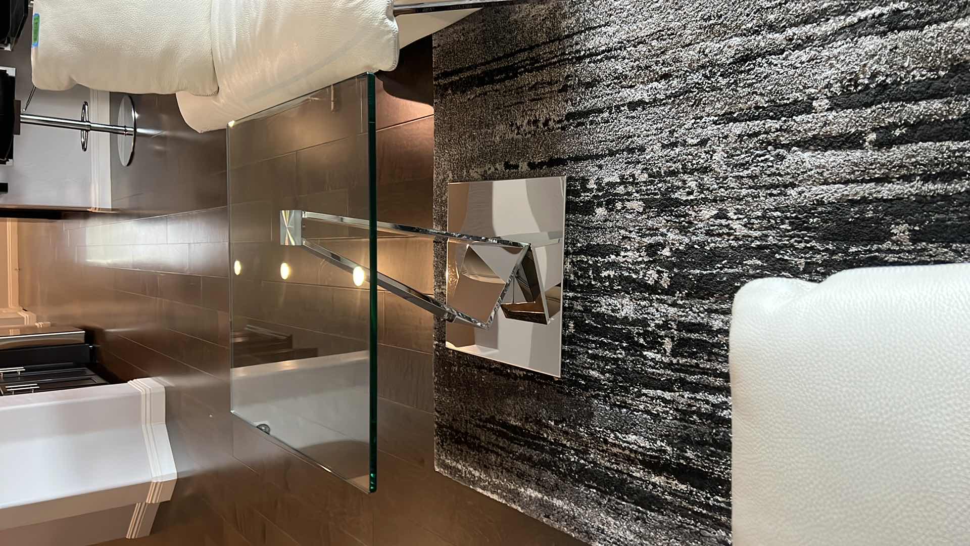 Photo 1 of CONTEMPORY SIERRA END TABLE W 1/2" TEMPERED GLASS AND POLISHED STAINLESS-STEEL BASE (23.5" X D 23.5" H20")