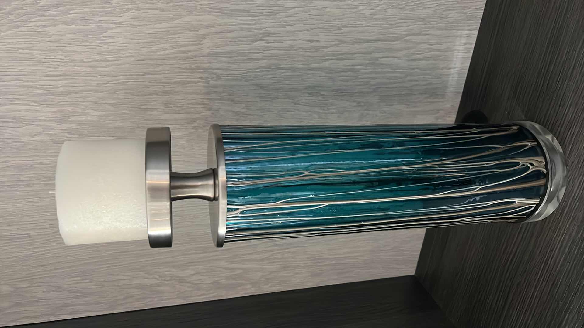 Photo 1 of ALMANZORA TEAL GLASS CANDLE HOLDER BY DAVID FRISCH H21"