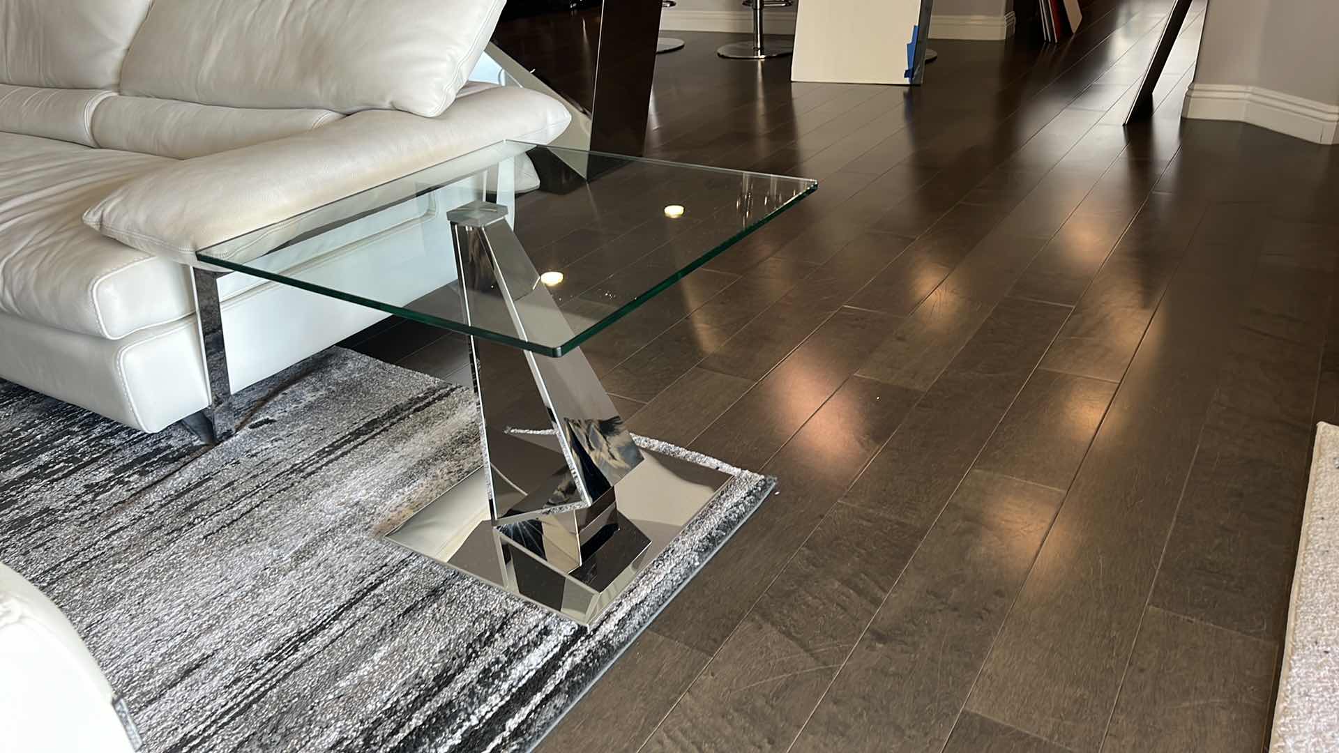 Photo 1 of CONTEMPORY SIERRA END TABLE W 1/2" TEMPERED GLASS AND POLISHED STAINLESS-STEEL BASE (W 23.5" x D 23.5" x H 20")