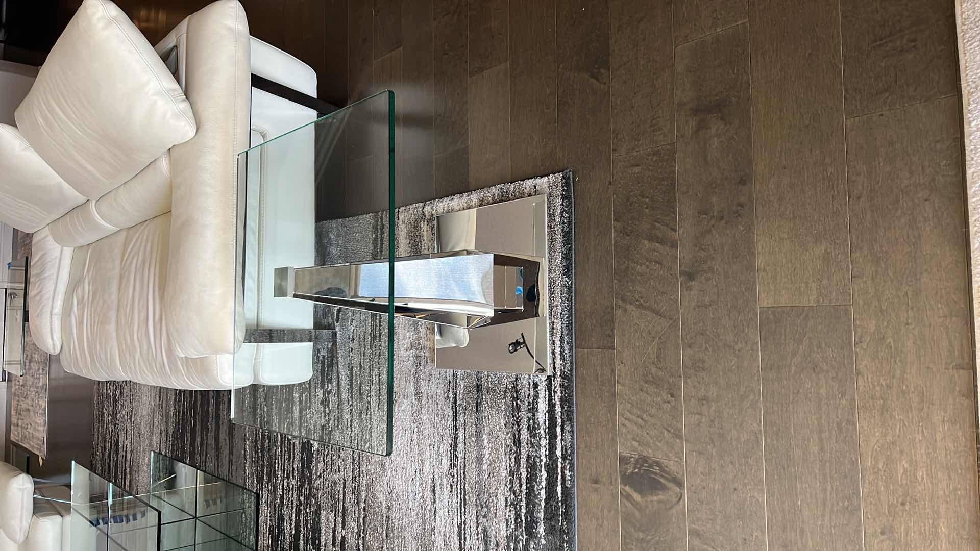 Photo 1 of CONTEMPORY SIERRA END TABLE W 1/2" TEMPERED GLASS AND POLISHED STAINLESS-STEEL BASE (W 23.5" x D 23.5" x H 20")