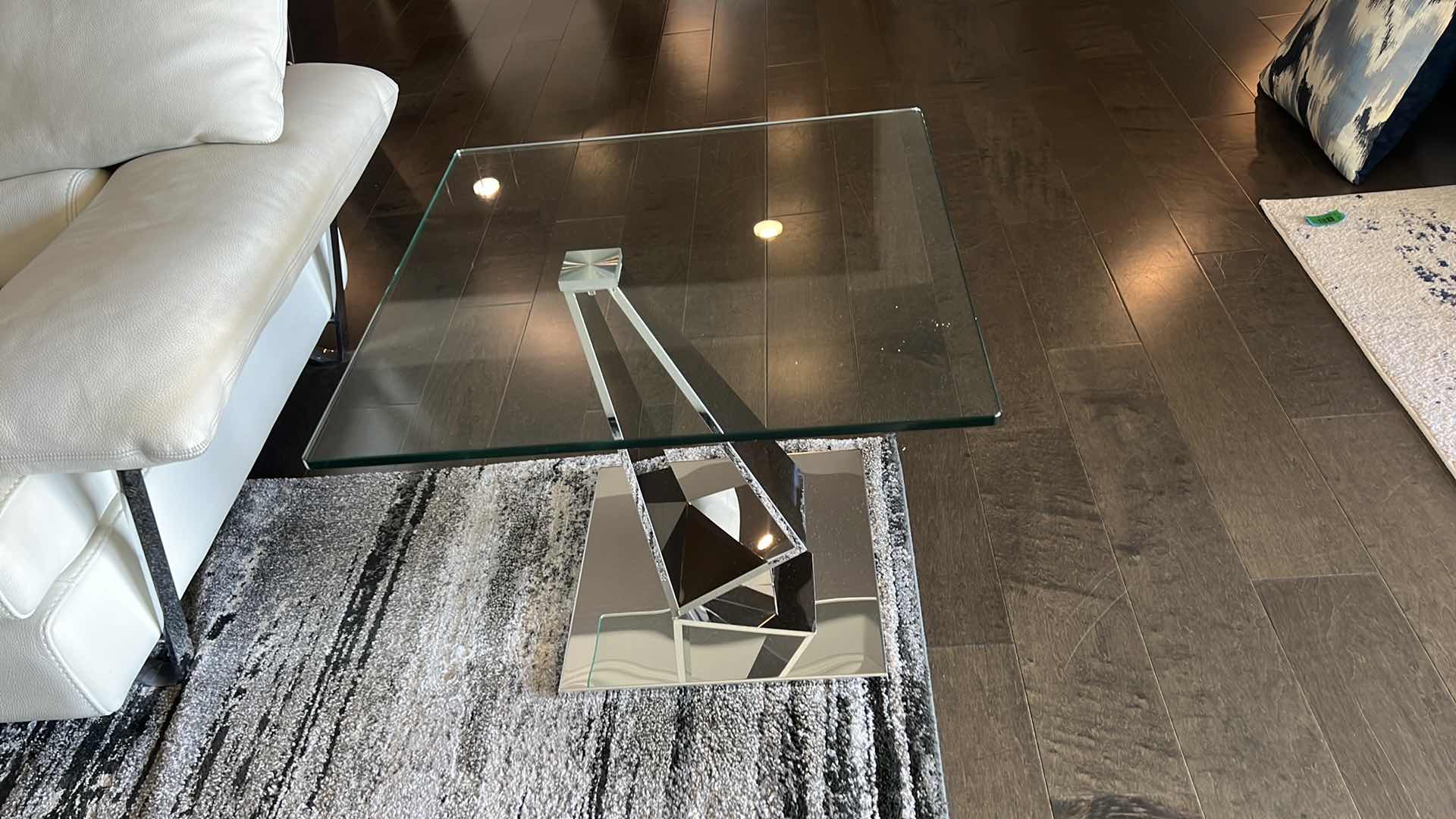 Photo 1 of CONTEMPORY SIERRA END TABLE W 1/2" TEMPERED GLASS AND POLISHED STAINLESS-STEEL BASE (W 23.5" x D 23.5" x H 20")