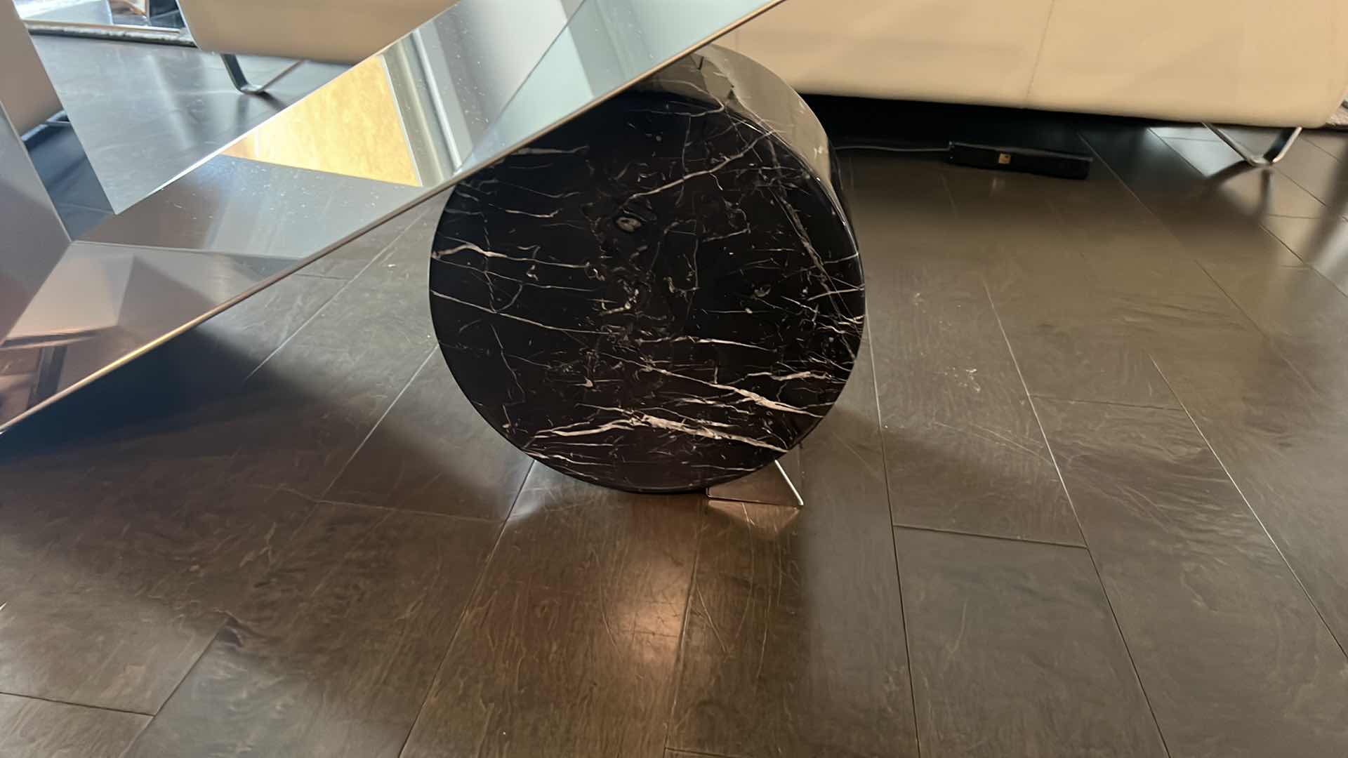 Photo 1 of HIGH-END DESIGNER MODERN GLASS TOP W CHROME AND BLACK MARBLE BASE SOFA TABLE 63” x 20” H30”