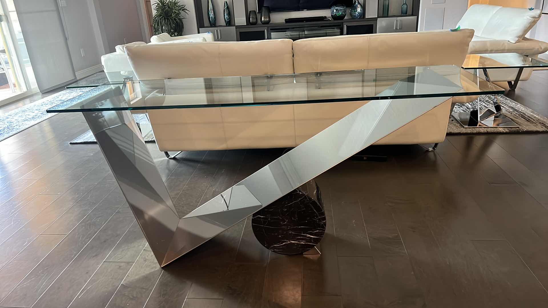 Photo 1 of HIGH-END DESIGNER MODERN GLASS TOP W CHROME AND BLACK MARBLE BASE SOFA TABLE 63” x 20” H30”