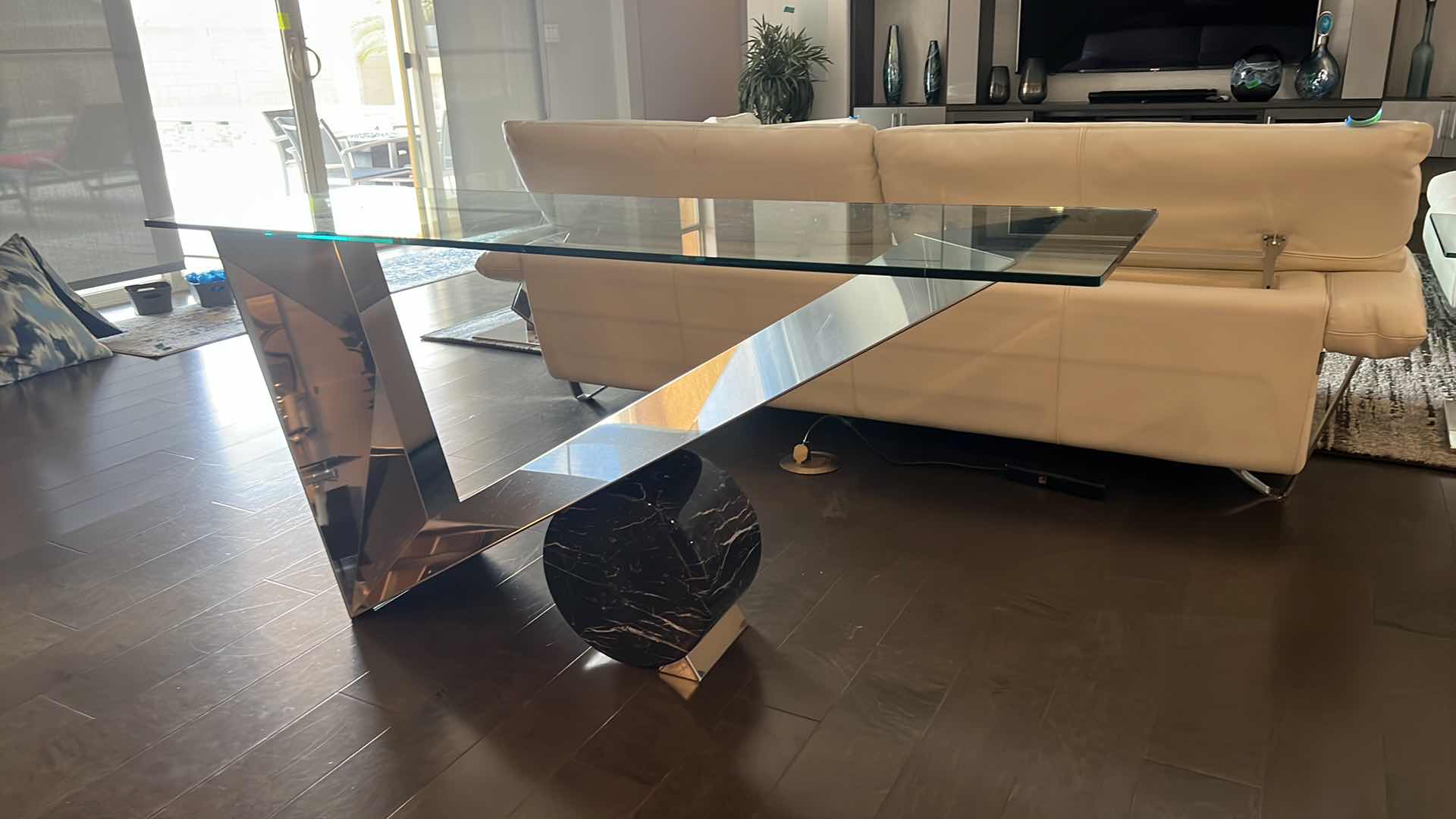 Photo 1 of HIGH-END DESIGNER MODERN GLASS TOP W CHROME AND BLACK MARBLE BASE SOFA TABLE 63” x 20” H30”