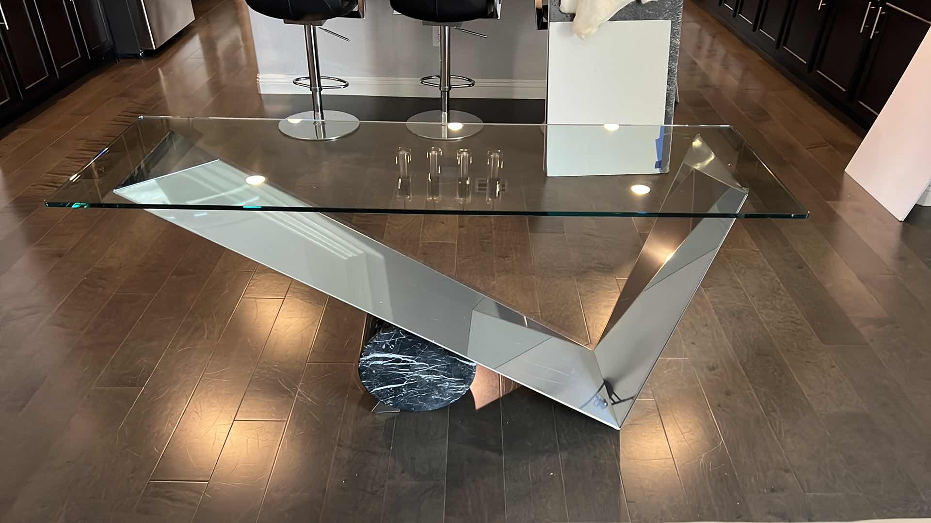 Photo 1 of HIGH-END DESIGNER MODERN GLASS TOP W CHROME AND BLACK MARBLE BASE SOFA TABLE 63” x 20” H30”