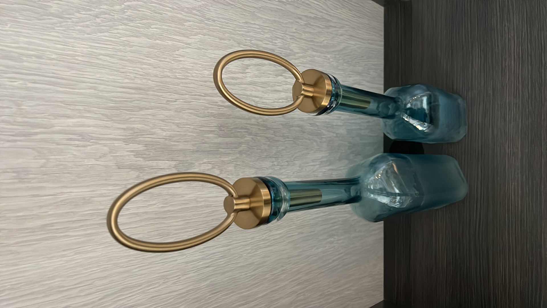 Photo 1 of 2-UTTERMOST GREEN GLASS BOTTLES W COFFEE BRONZE METAL STOPPER H25” & 22”