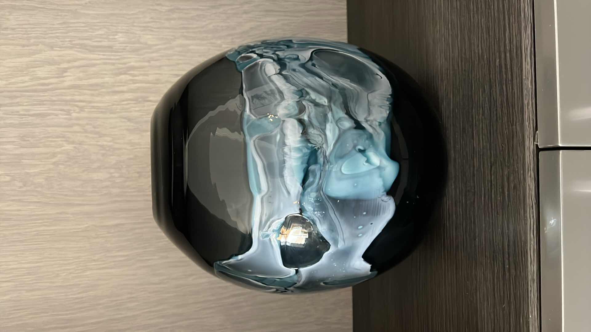 Photo 1 of 34” ROUND UTTERMOST GLASS VASE URN W BLUE SWIRL WAVES H12”