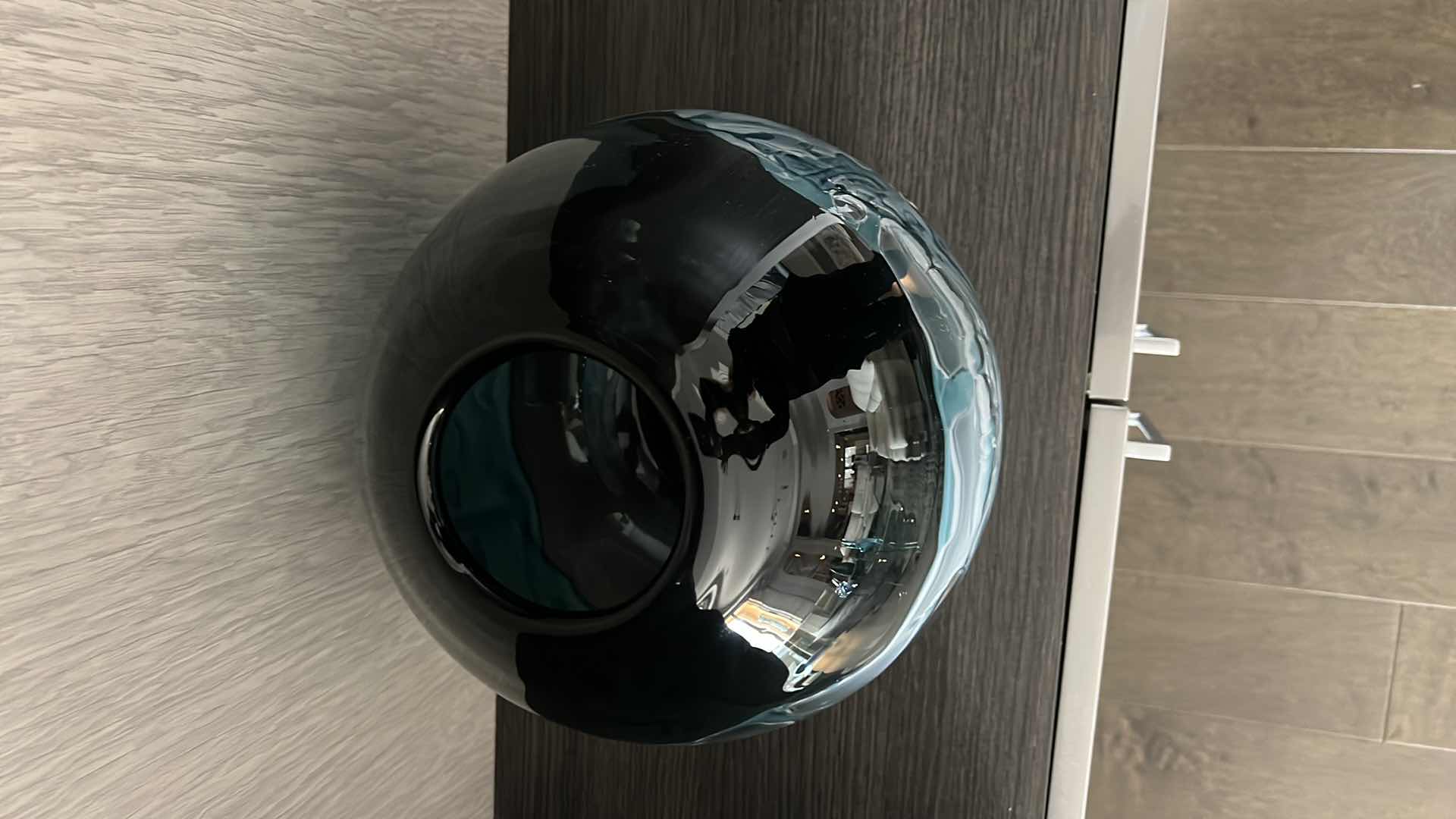 Photo 1 of 34” ROUND UTTERMOST GLASS VASE URN W BLUE SWIRL WAVES H12”