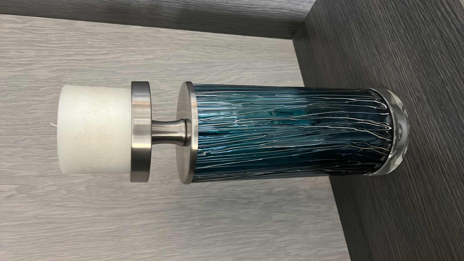 Photo 1 of ALMANZORA TEAL GLASS CANDLE HOLDER BY DAVID FRISCH H17”