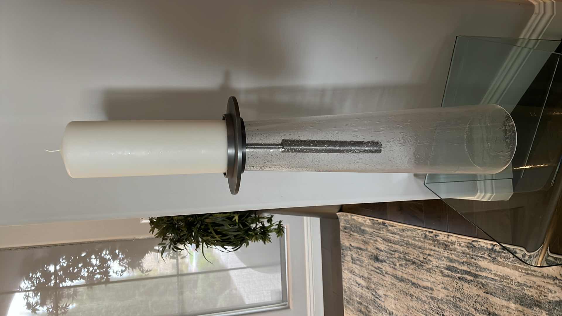 Photo 1 of GLOBAL VIEWS ELEGANT MINIMALIST SEEDED GLASS PILLAR CANDLE HOLDER H19" W CANDLE H34”