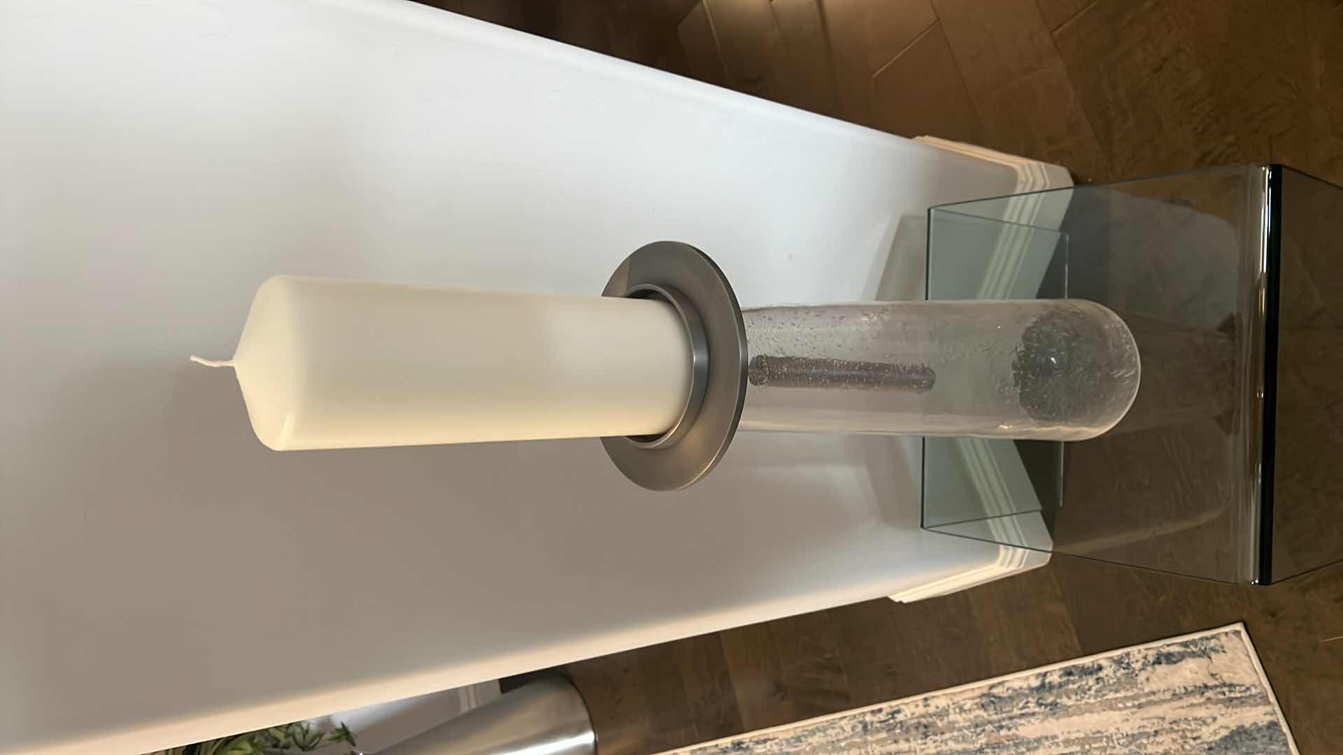 Photo 1 of GLOBAL VIEWS ELEGANT MINIMALIST SEEDED GLASS PILLAR CANDLE HOLDER H19" W CANDLE H34”