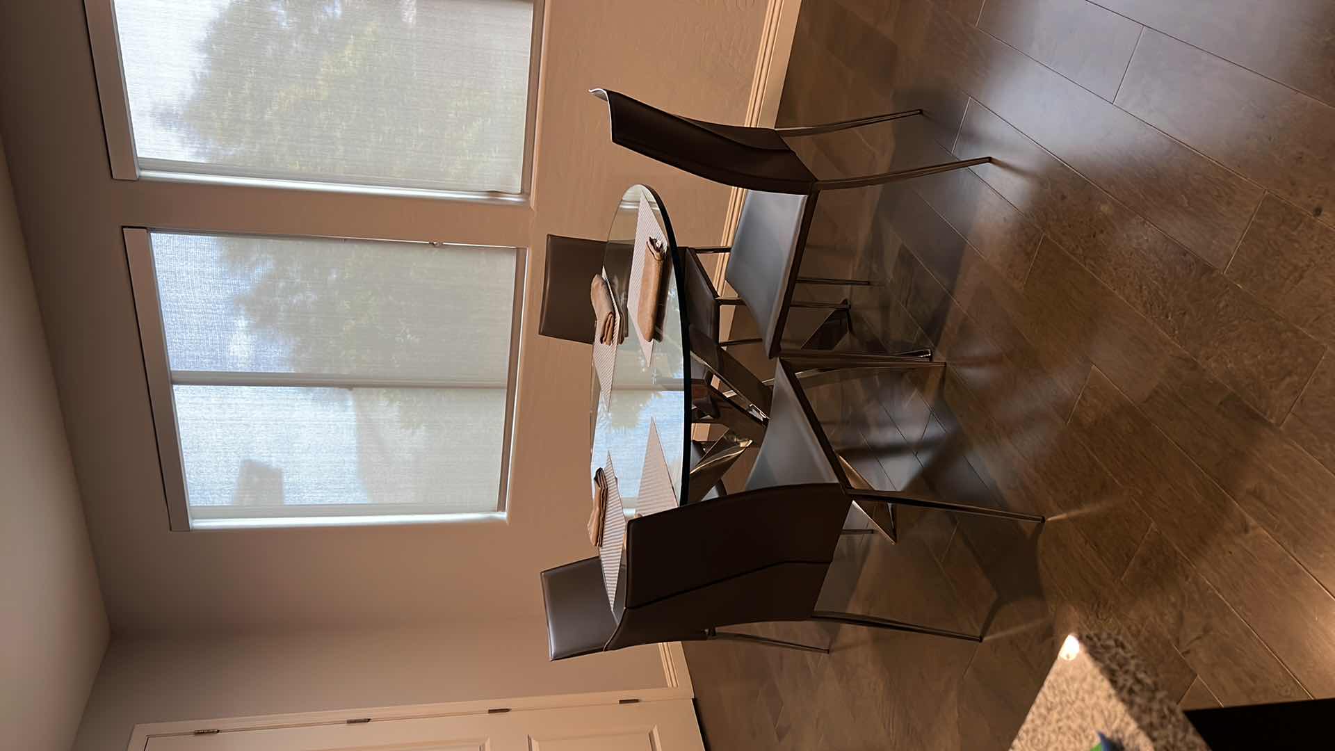 Photo 1 of DESIGNER KITCHEN TABLE W THICK GLASS TOP AND CHROME BASE W 4-SIDE CHAIRS