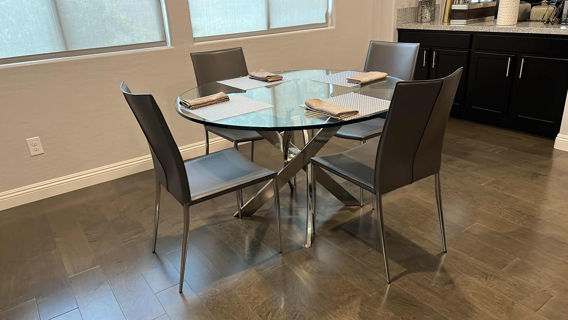 Photo 1 of DESIGNER KITCHEN TABLE W THICK GLASS TOP AND CHROME BASE W 4-SIDE CHAIRS