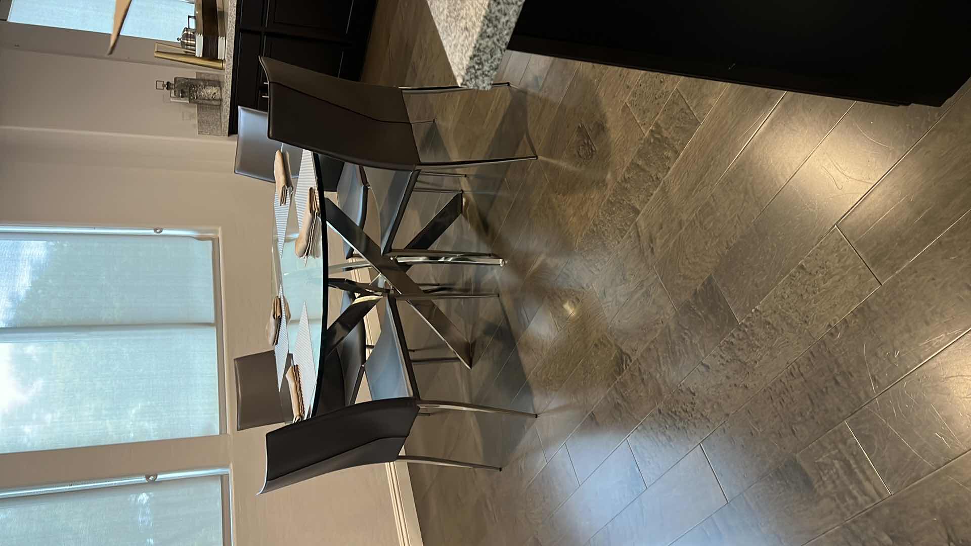 Photo 1 of DESIGNER KITCHEN TABLE W THICK GLASS TOP AND CHROME BASE W 4-SIDE CHAIRS