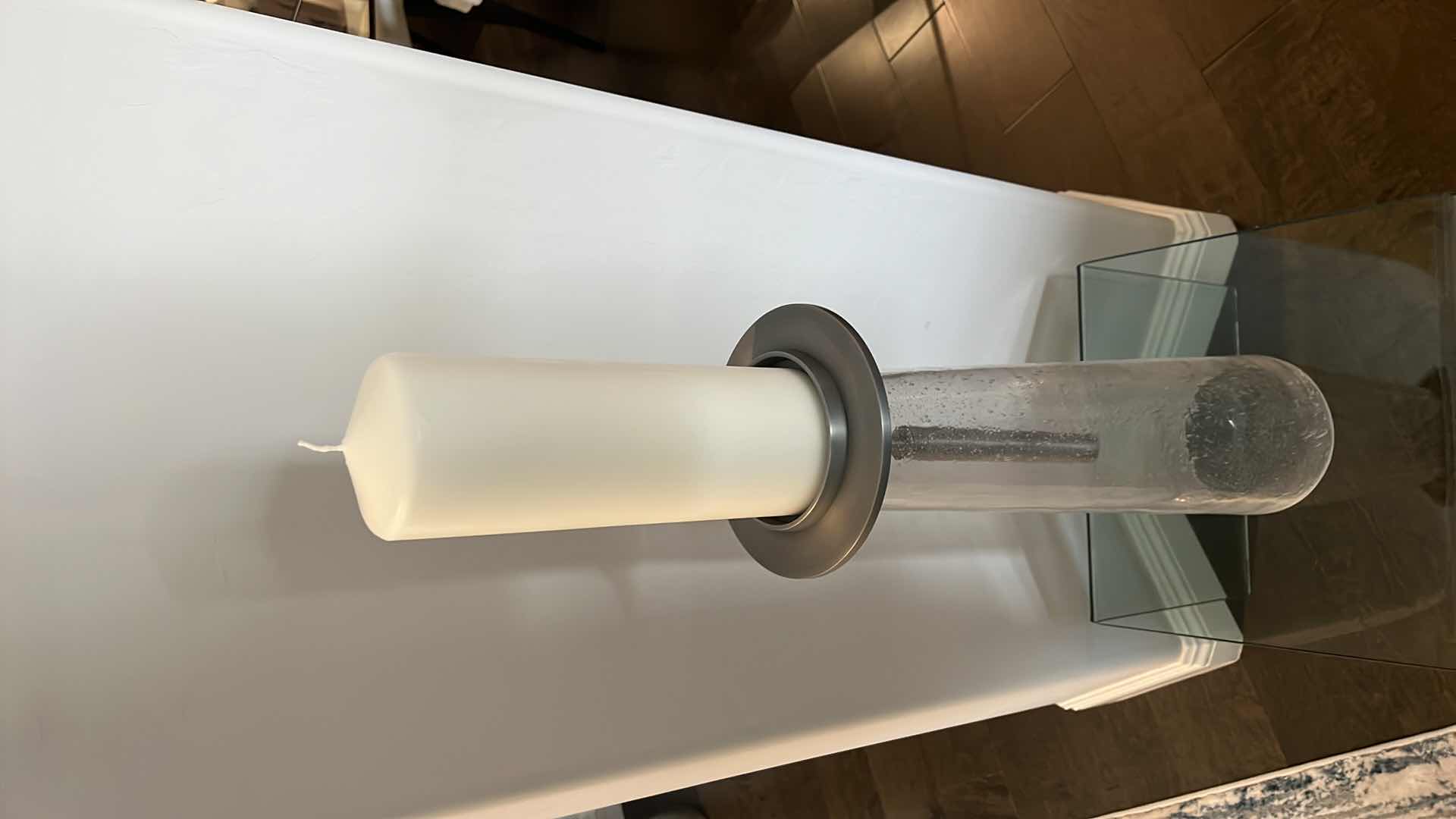 Photo 1 of GLOBAL VIEWS ELEGANT MINIMALIST SEEDED GLASS PILLAR CANDLE HOLDER H19" W CANDLE H34”