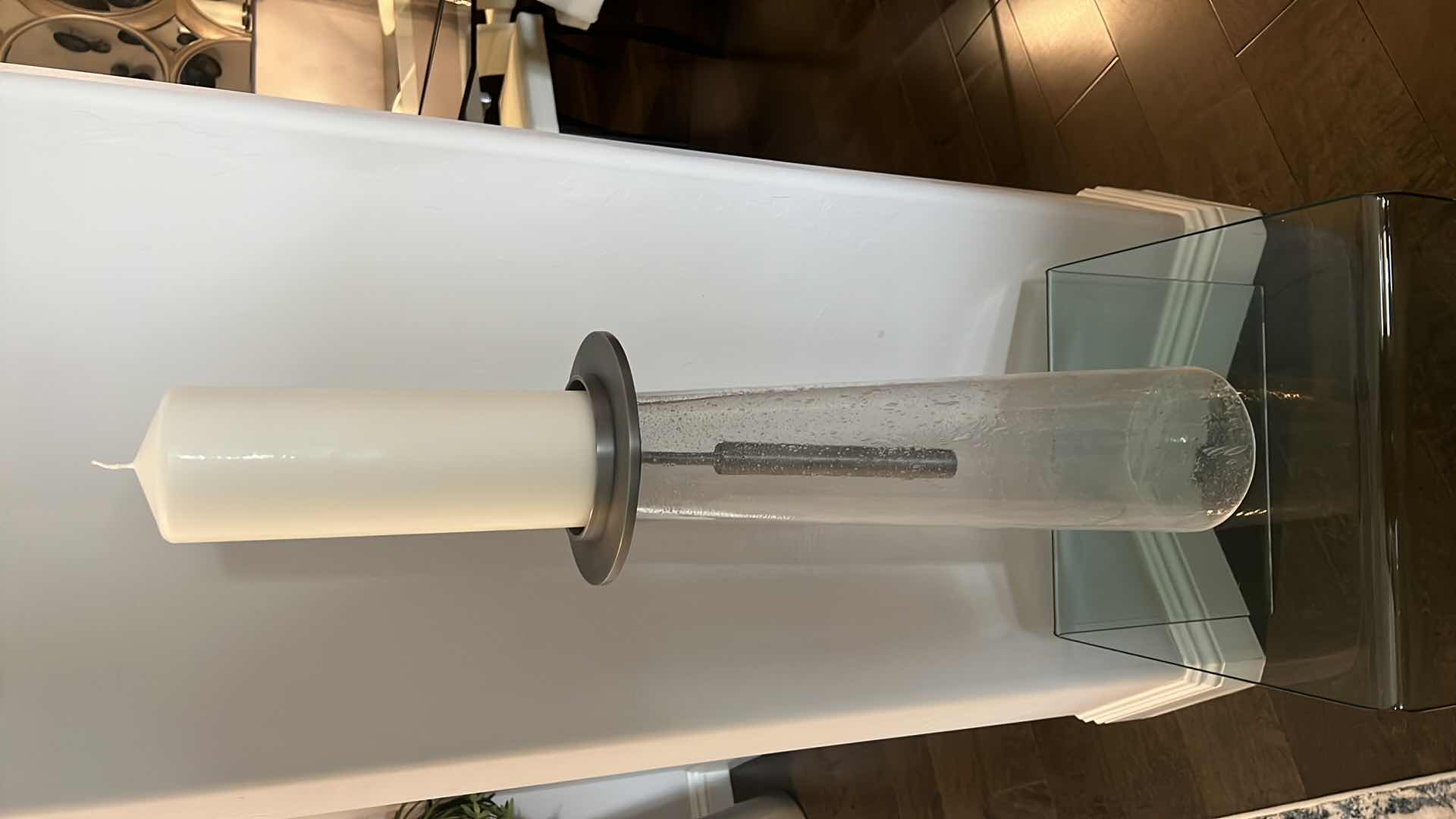 Photo 1 of GLOBAL VIEWS ELEGANT MINIMALIST SEEDED GLASS PILLAR CANDLE HOLDER H19" W CANDLE H34”