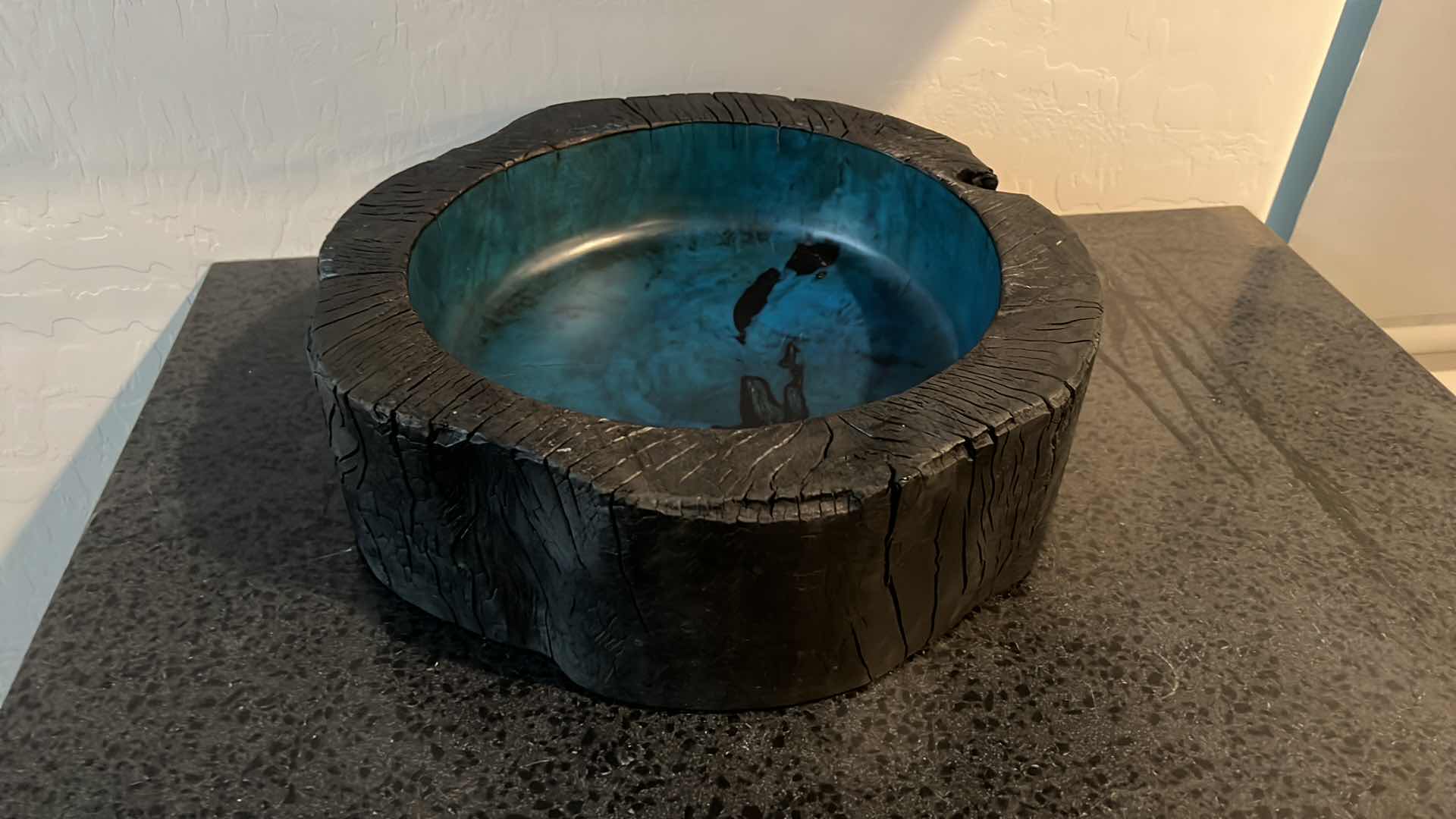 Photo 1 of 15” ROUND UTTERMOST BLACK TREE TRUNK WOOD BOWL W TURQUOISE LINING