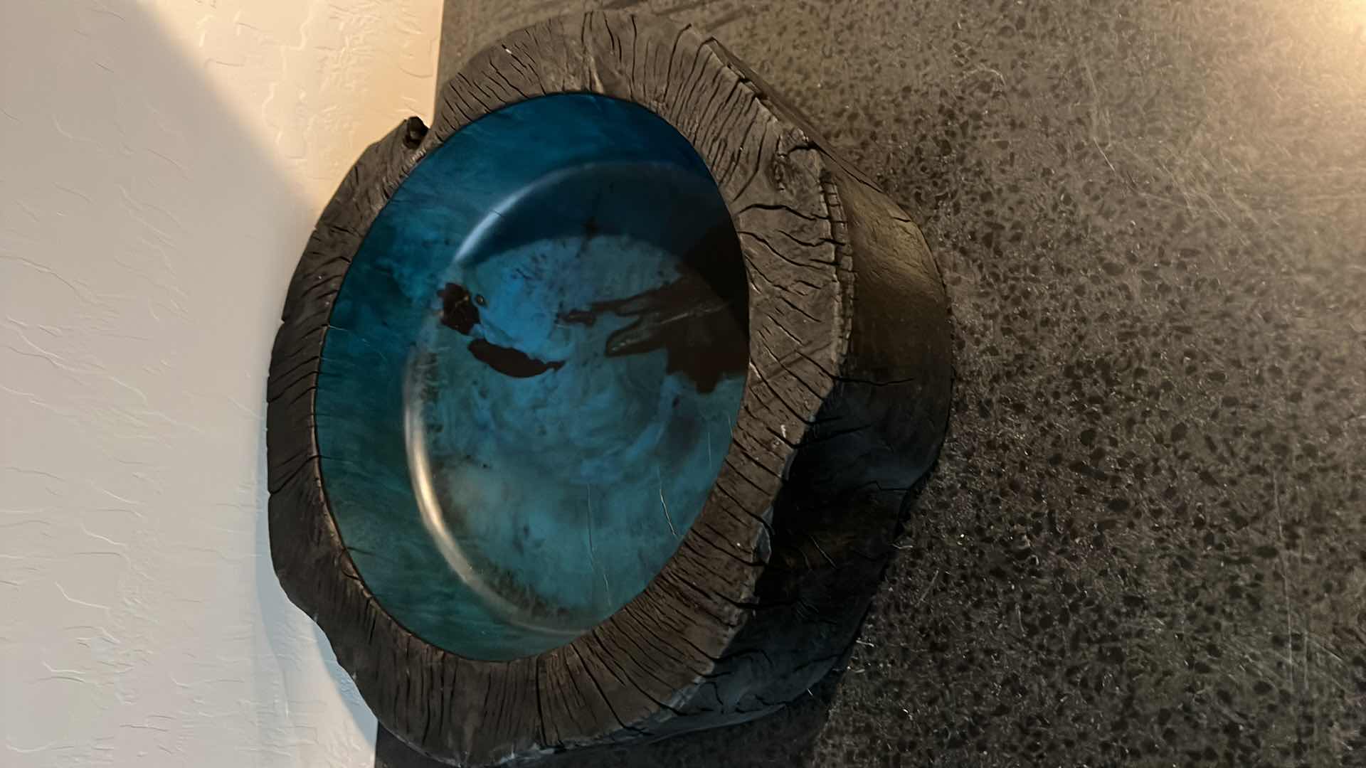 Photo 1 of 15” ROUND UTTERMOST BLACK TREE TRUNK WOOD BOWL W TURQUOISE LINING